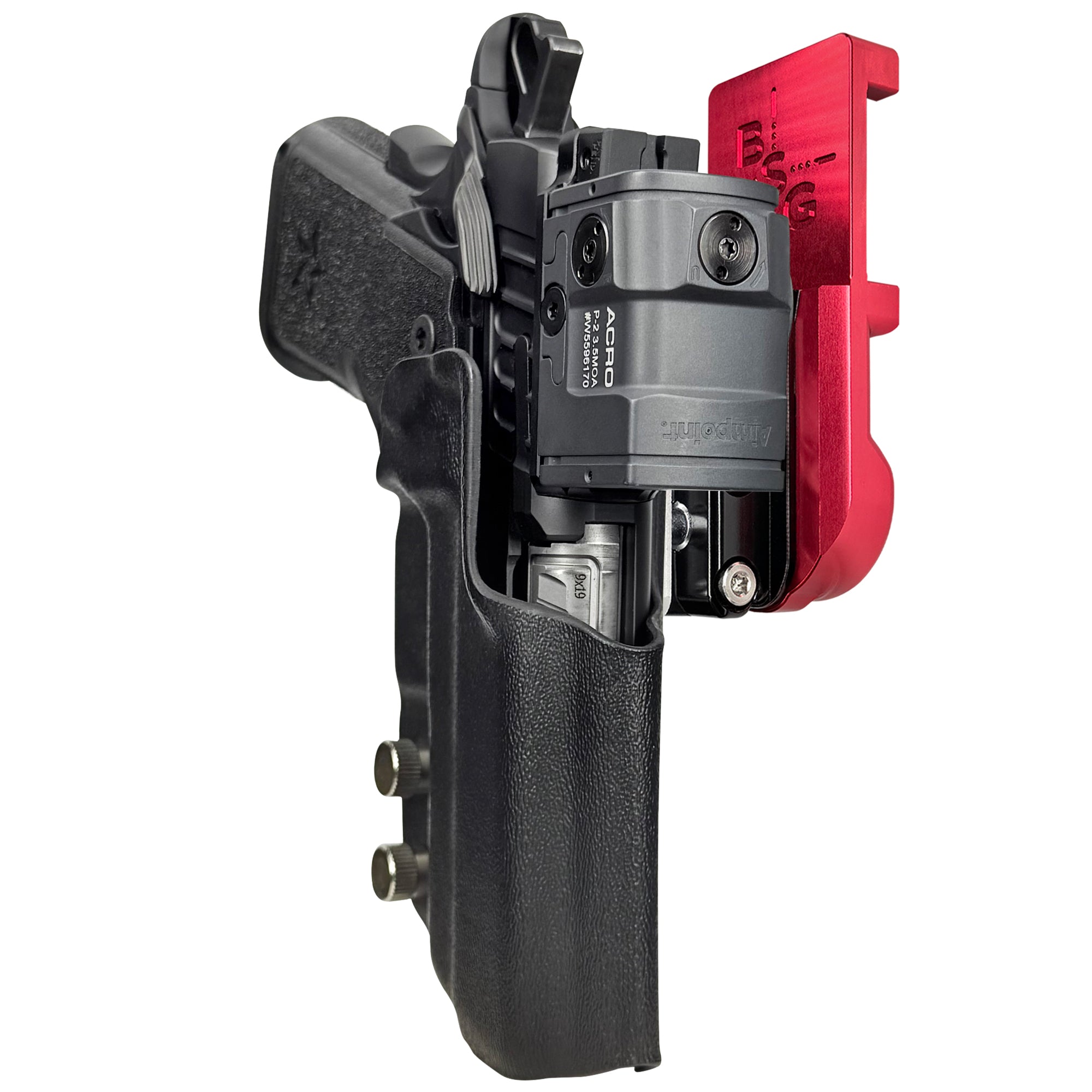 Staccato CS 2024 IPSC/USPA Quick Mount Ball Joint Holster with Red Belt Attachment, Black Holster Shell