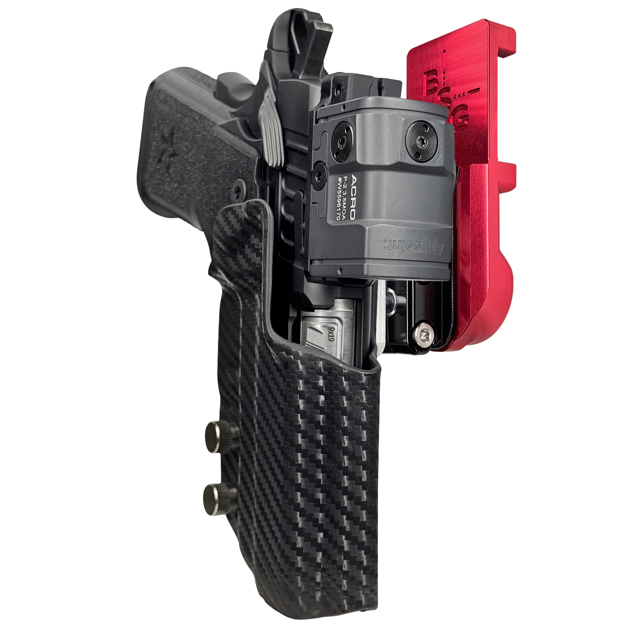 Staccato CS 2024 IPSC/USPA Quick Mount Ball Joint Holster with Red Belt Attachment, Carbon Fiber Holster Shell
