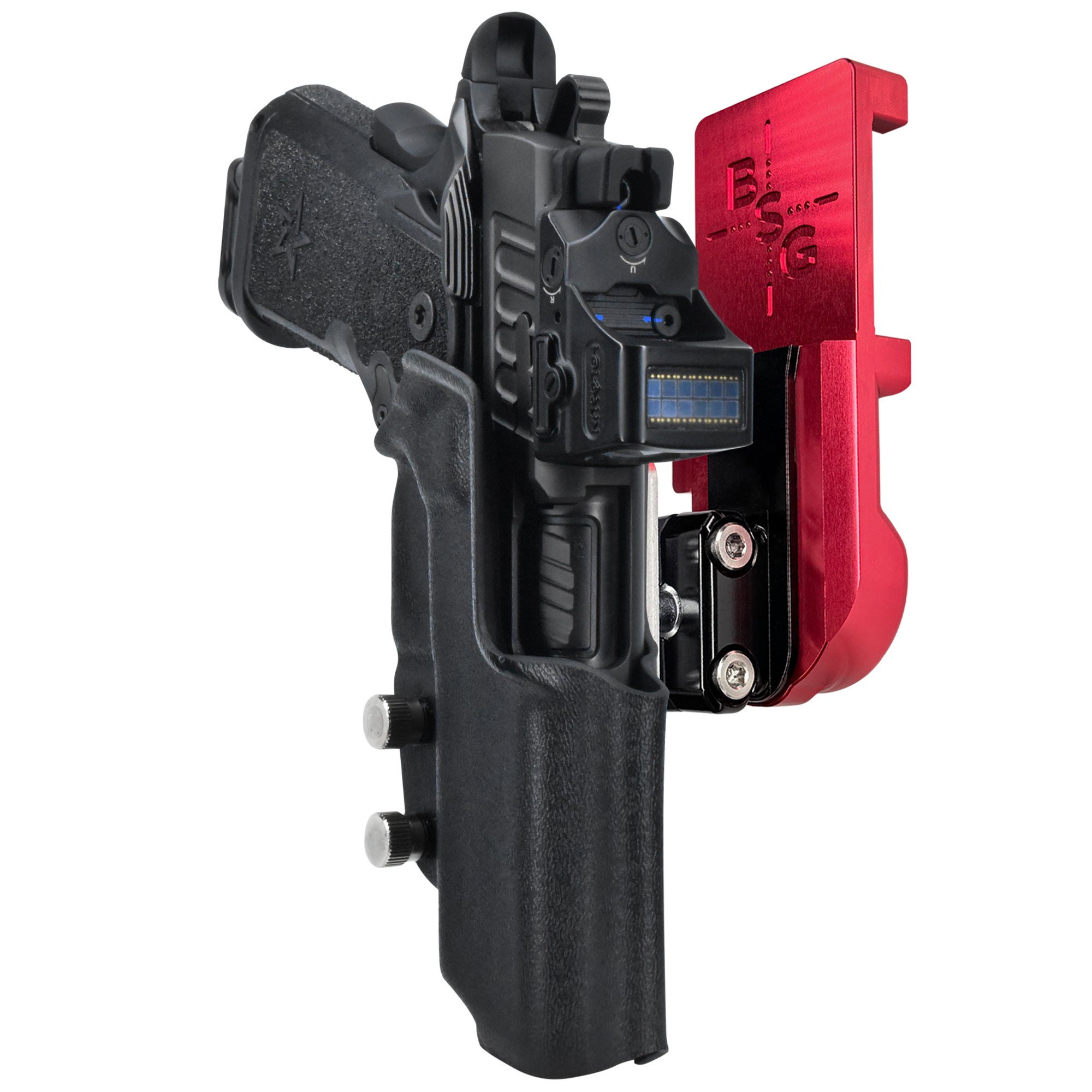 Staccato C 2024 IPSC/USPA Quick Mount Ball Joint Holster with Red Belt Attachment, Black Holster Shell