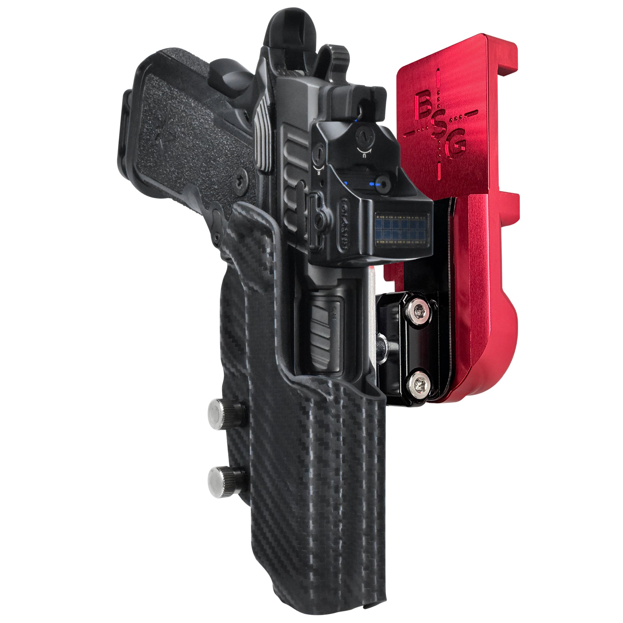 Staccato C 2024 IPSC/USPA Quick Mount Ball Joint Holster with Red Belt Attachment, Carbon Fiber Holster Shell
