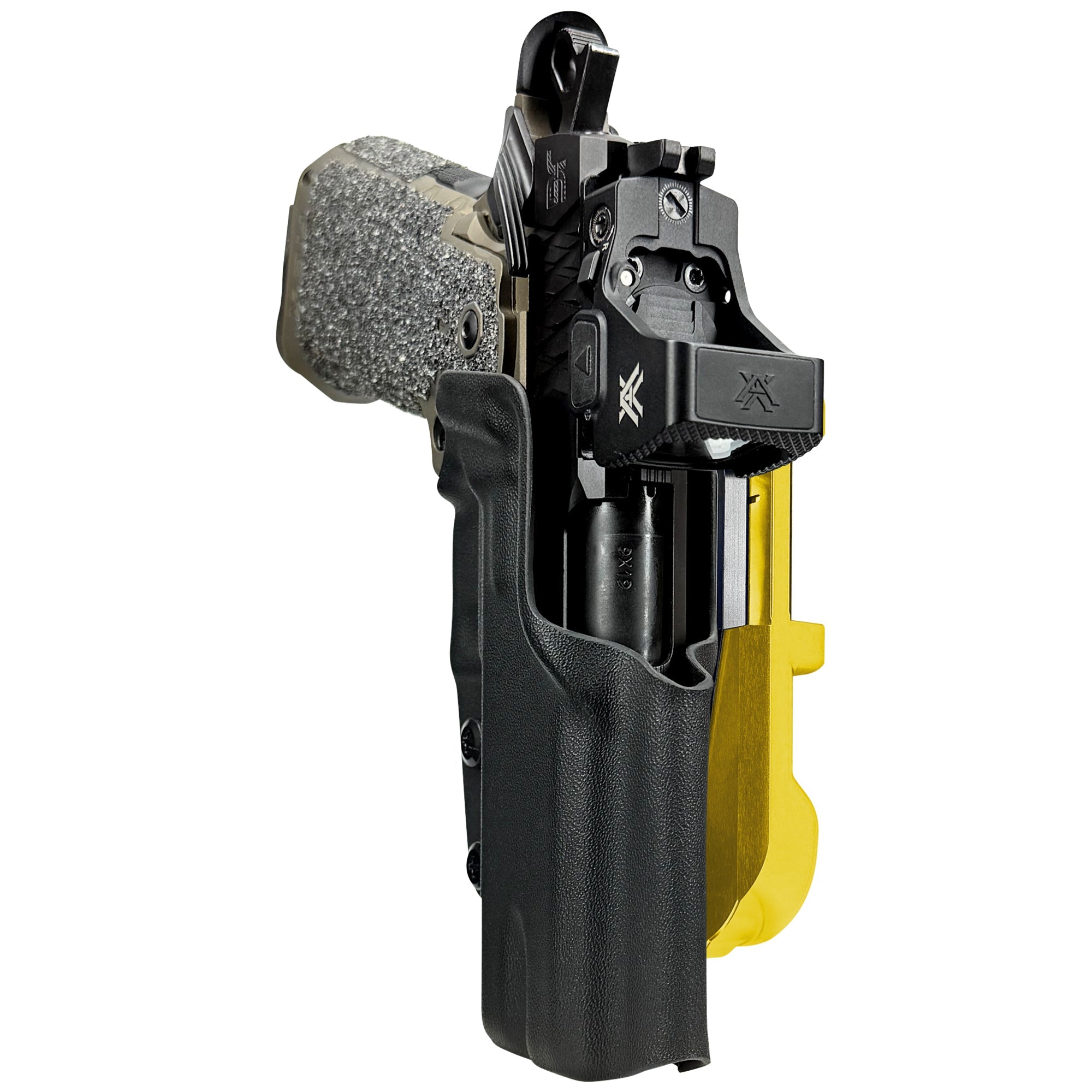 Jacob Grey HEX 4.25in IDPA Quick Mount Holster with 24K Gold Belt Attachment, Black Holster Shell