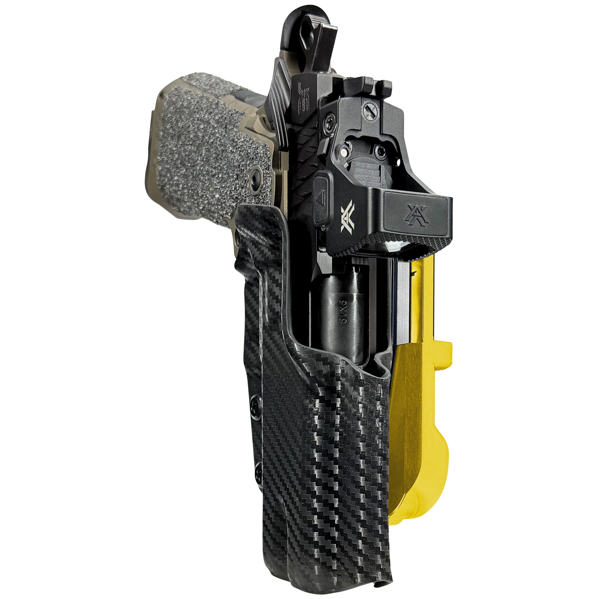 Jacob Grey HEX 4.25in IDPA Quick Mount Holster with 24K Gold Belt Attachment, Carbon Fiber Holster Shell