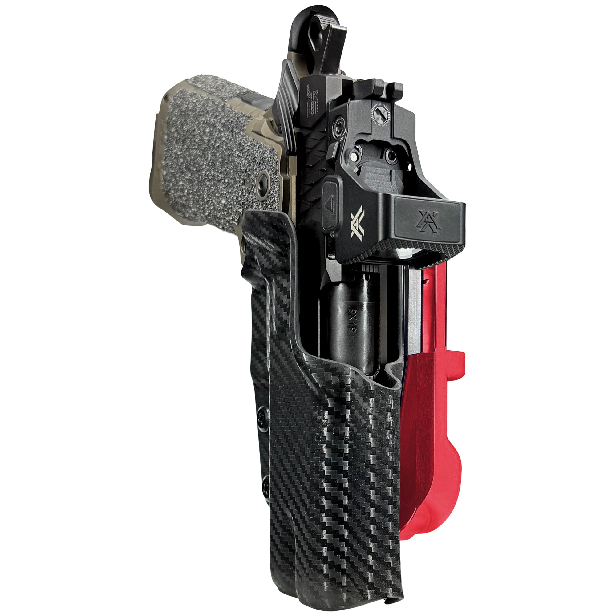 Jacob Grey HEX 4.25in IDPA Quick Mount Holster with Red Belt Attachment, Carbon Fiber Holster Shell