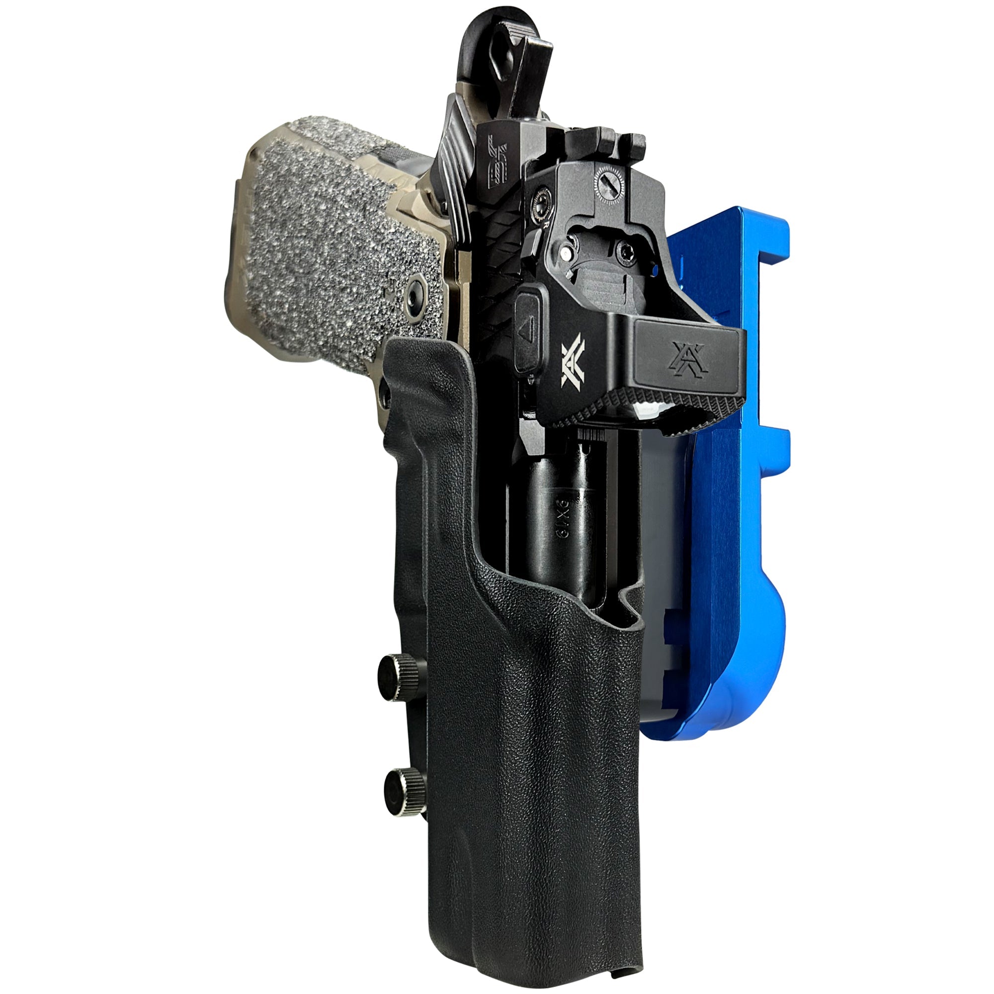 Jacob Grey HEX 4.25in IPSC/USPA Quick Mount Holster with Blue Belt Attachment, Black Holster Shell