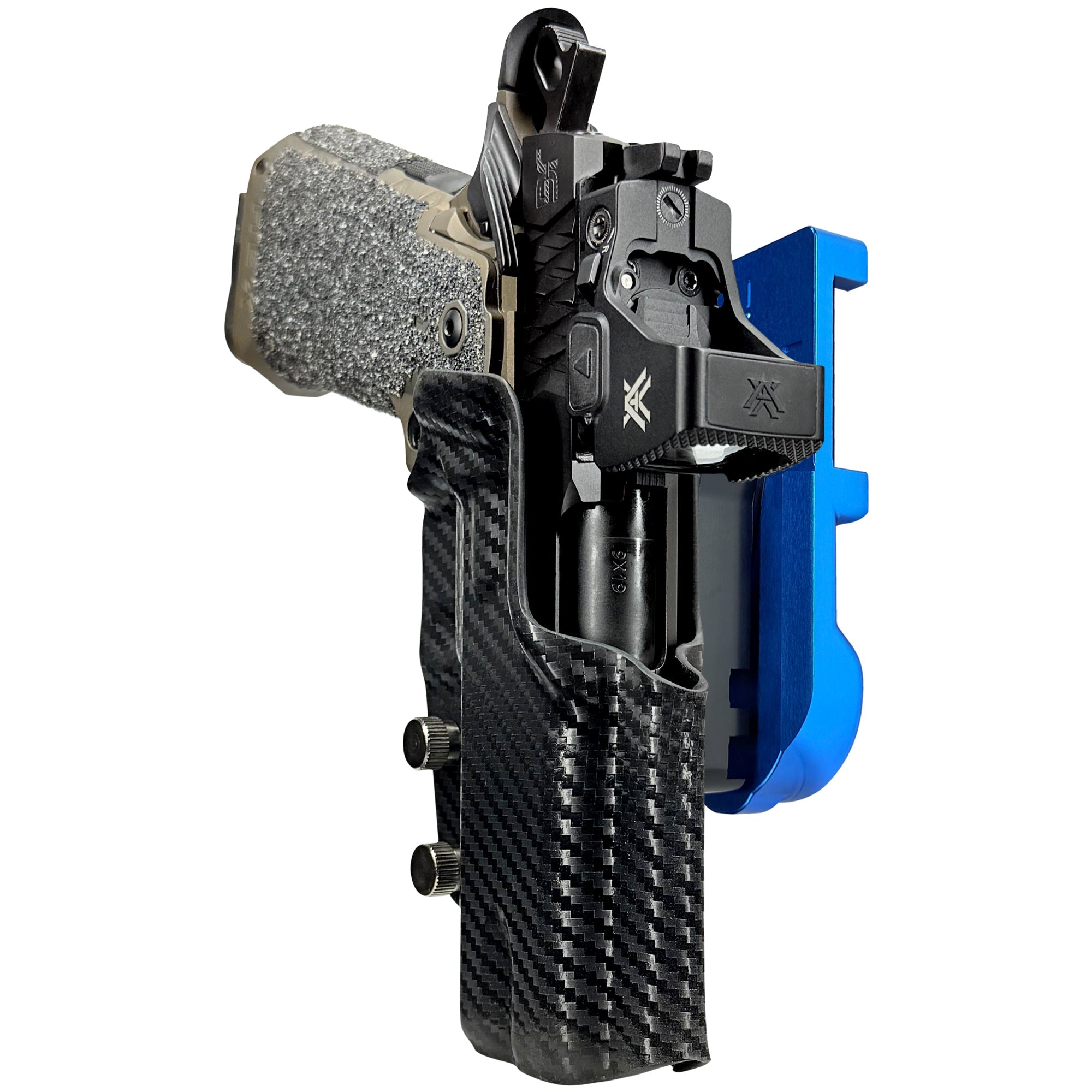 Jacob Grey HEX 4.25in IPSC/USPA Quick Mount Holster with Blue Belt Attachment, Carbon Fiber Holster Shell