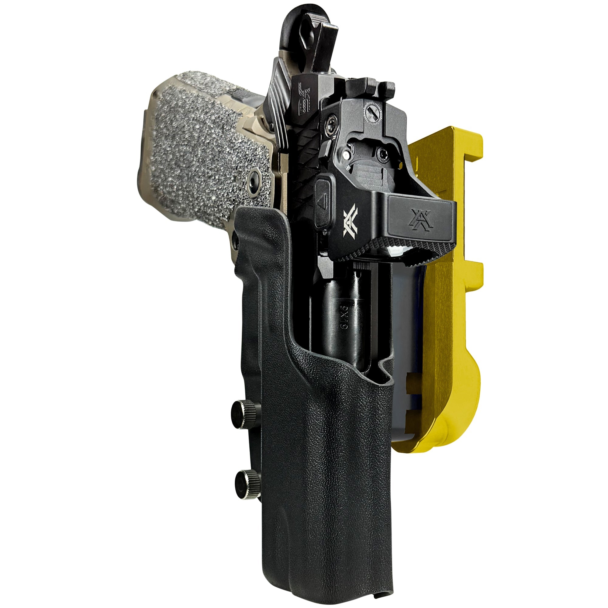 Jacob Grey HEX 4.25in IPSC/USPA Quick Mount Holster with 24K Gold Belt Attachment, Black Holster Shell