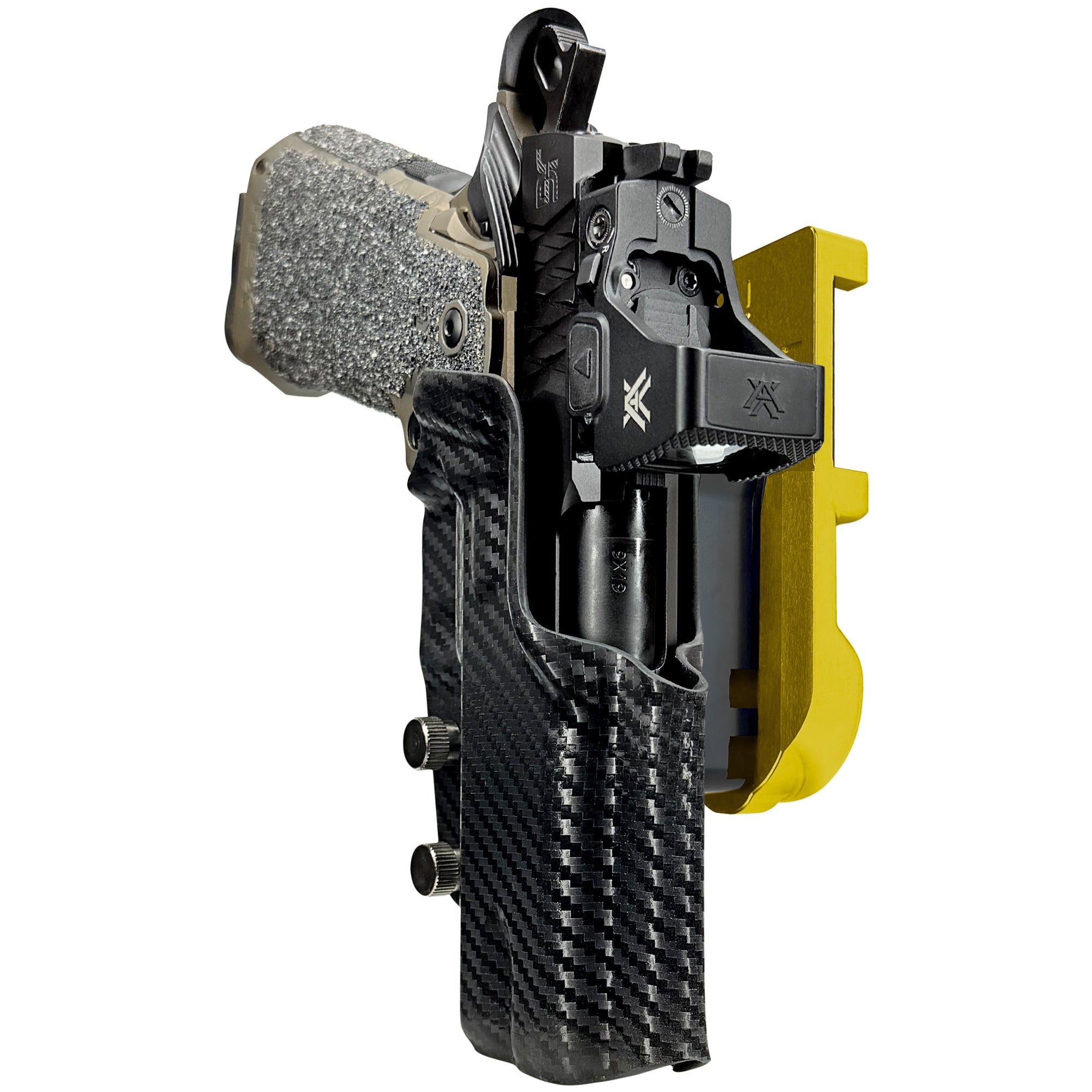 Jacob Grey HEX 4.25in IPSC/USPA Quick Mount Holster with 24K Gold Belt Attachment, Carbon Fiber Holster Shell