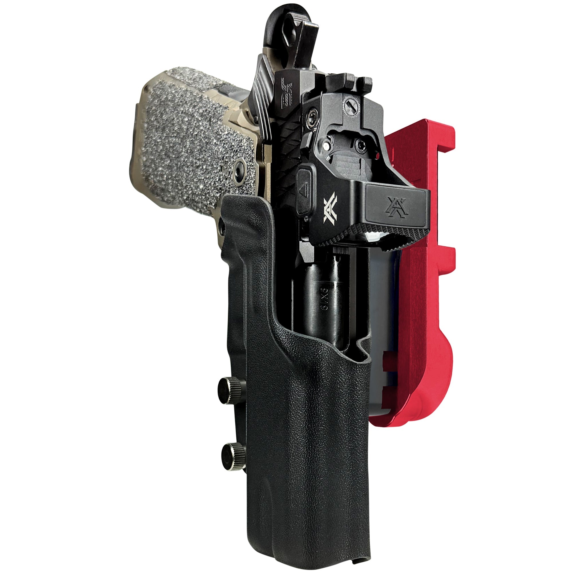 Jacob Grey HEX 4.25in IPSC/USPA Quick Mount Holster with Red Belt Attachment, Black Holster Shell