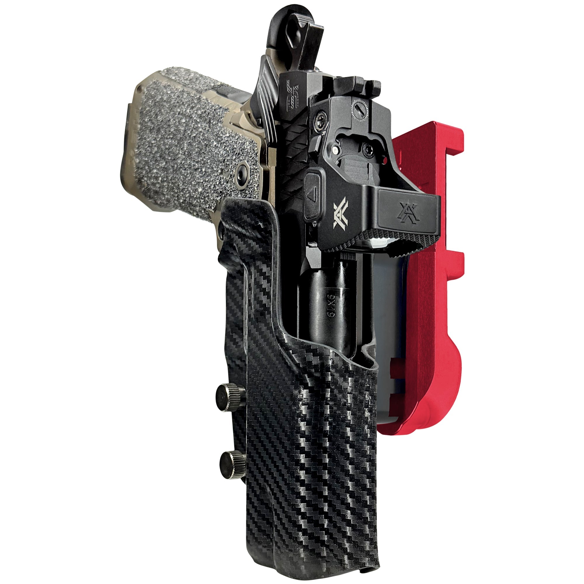 Jacob Grey HEX 4.25in IPSC/USPA Quick Mount Holster with Red Belt Attachment, Carbon Fiber Holster Shell