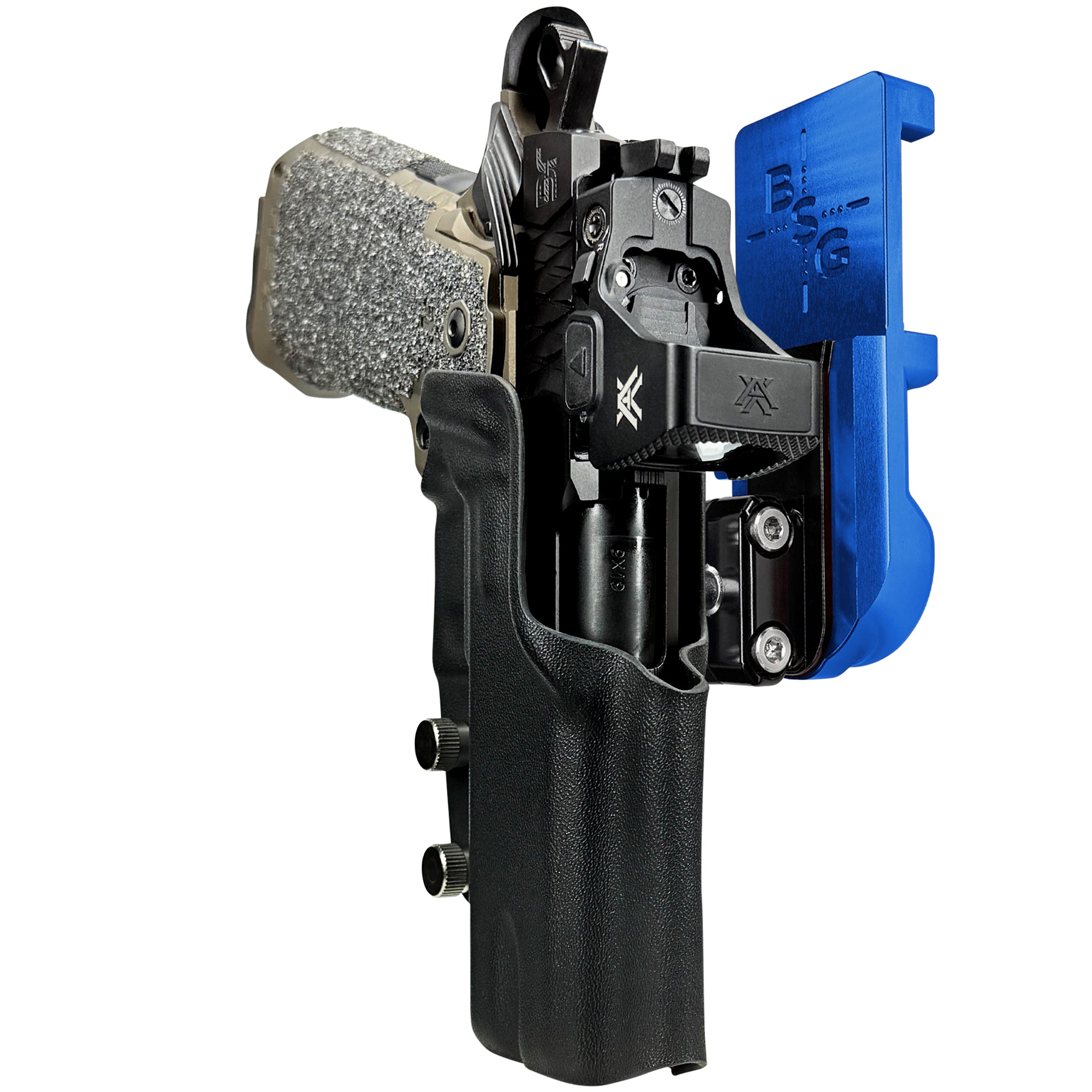 Jacob Grey HEX 4.25in IPSC/USPA Quick Mount Ball Joint Holster with Blue Belt Attachment, Black Holster Shell