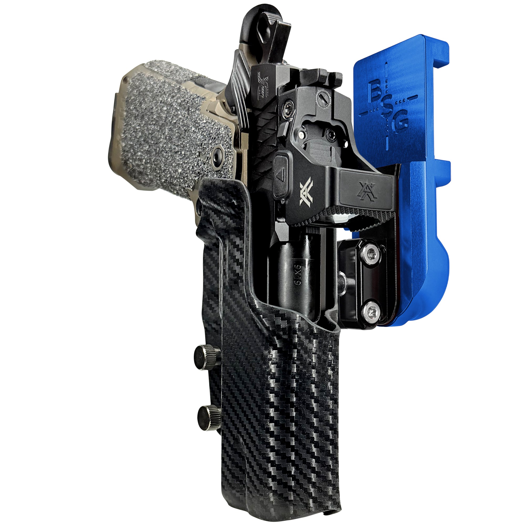 Jacob Grey HEX 4.25in IPSC/USPA Quick Mount Ball Joint Holster with Blue Belt Attachment, Carbon Fiber Holster Shell