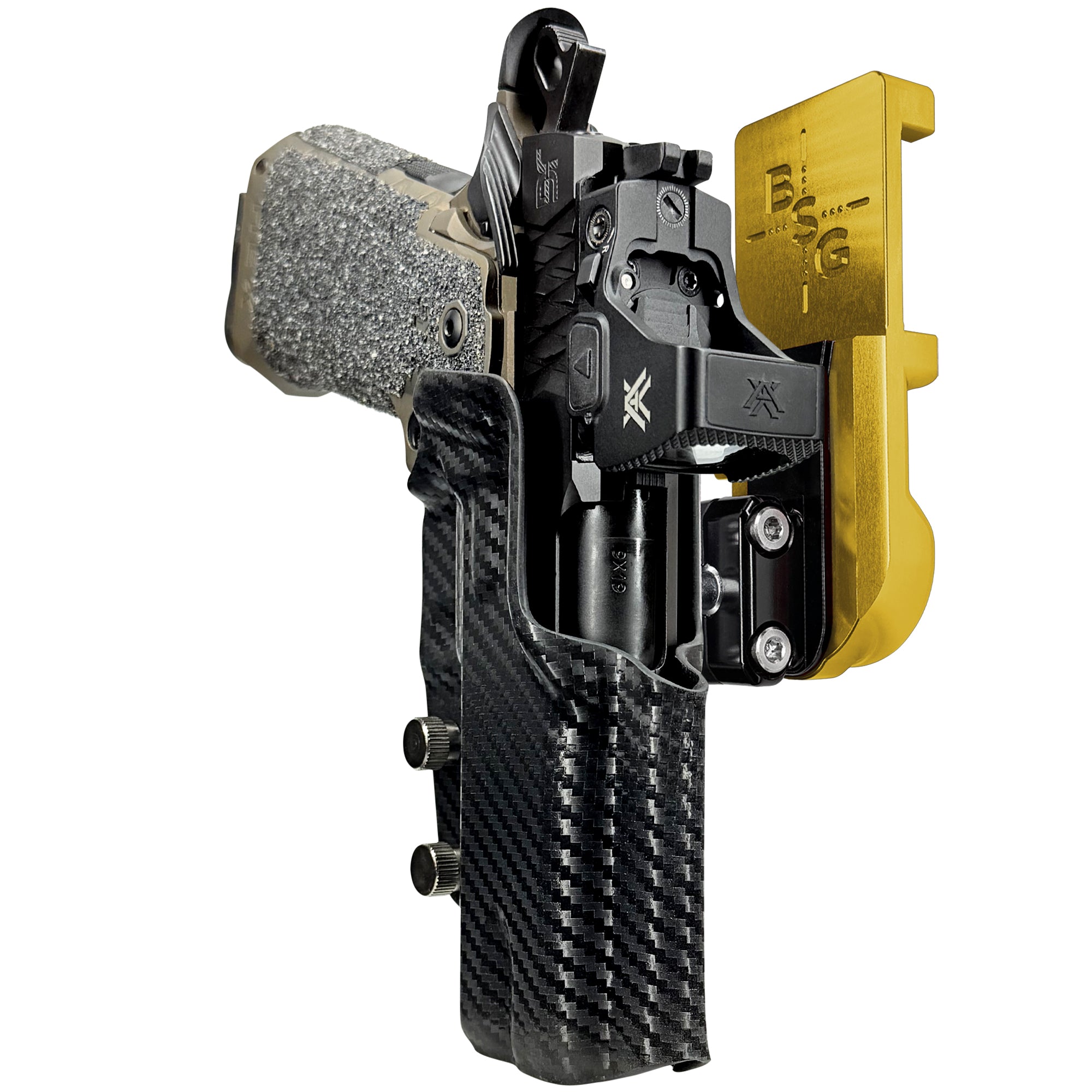 Jacob Grey HEX 4.25in IPSC/USPA Quick Mount Ball Joint Holster with 24K Gold Belt Attachment, Carbon Fiber Holster Shell