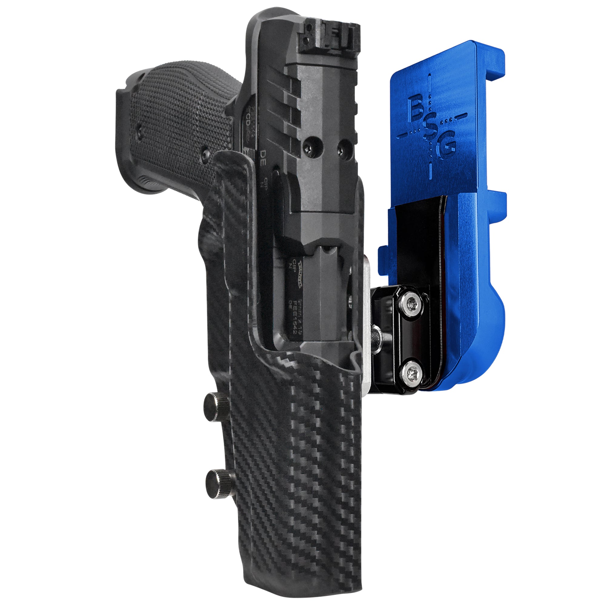 Walther PDP 5'' SF IPSC/USPA Quick Mount Ball Joint Holster with Blue Belt Attachment, Carbon Fiber Holster Shell