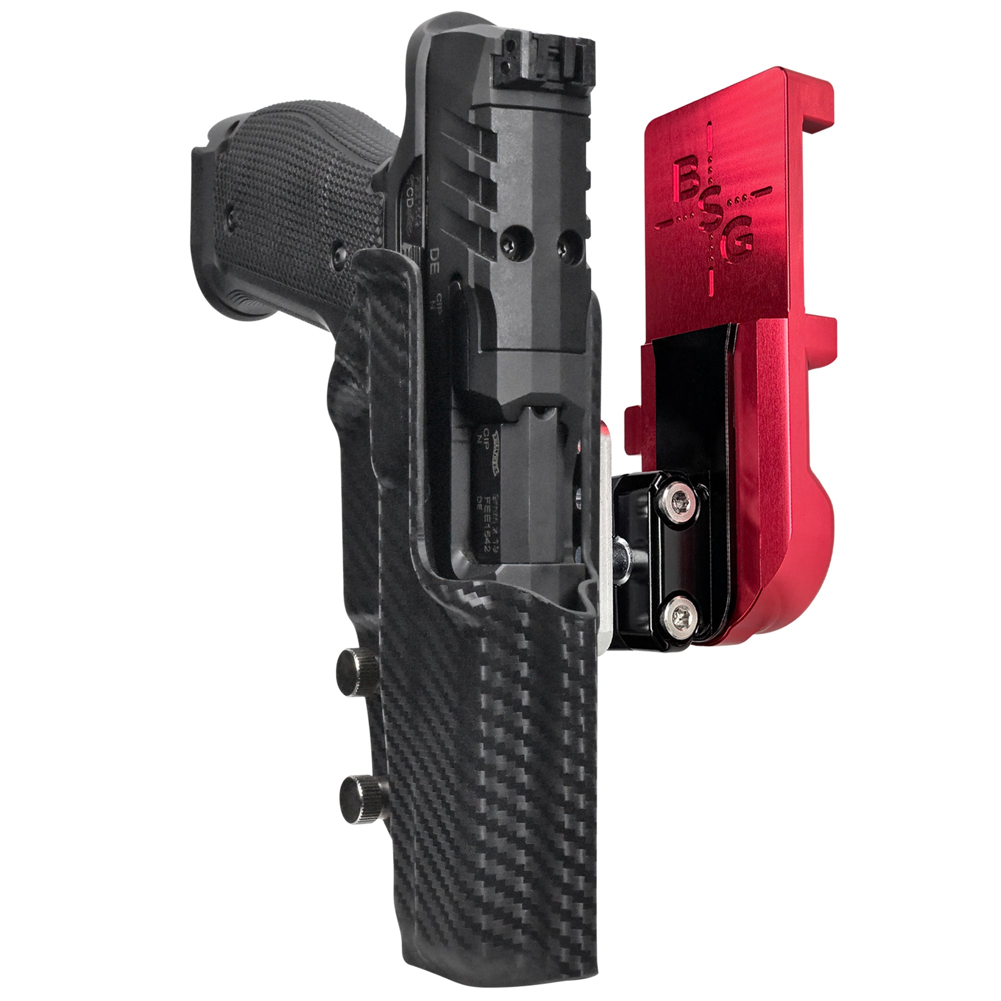 Walther PDP 5'' SF IPSC/USPA Quick Mount Ball Joint Holster with Red Belt Attachment, Carbon Fiber Holster Shell