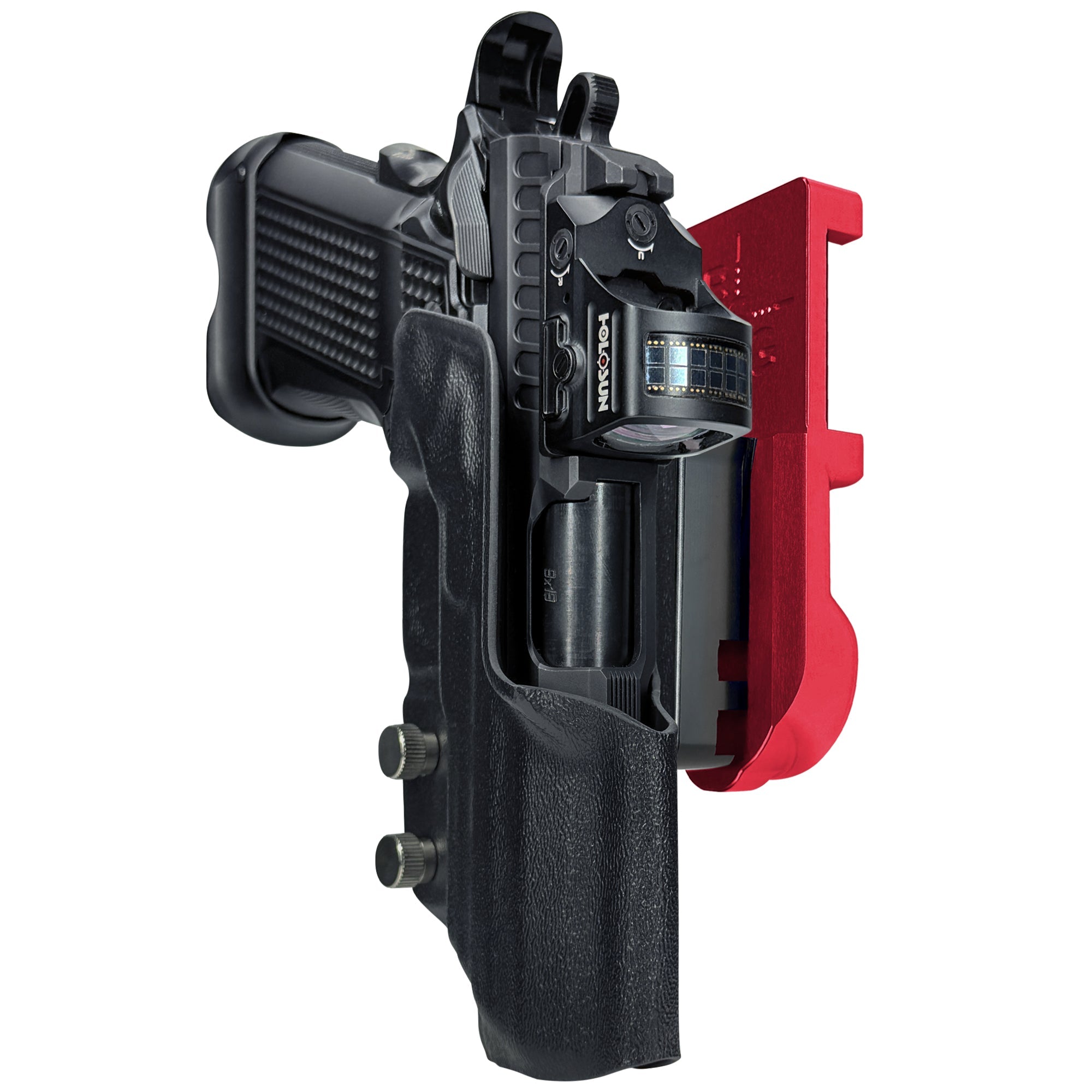 Fusion Firearms XP Pro IPSC/USPA Quick Mount Holster with Red Belt Attachment, Black Holster Shell