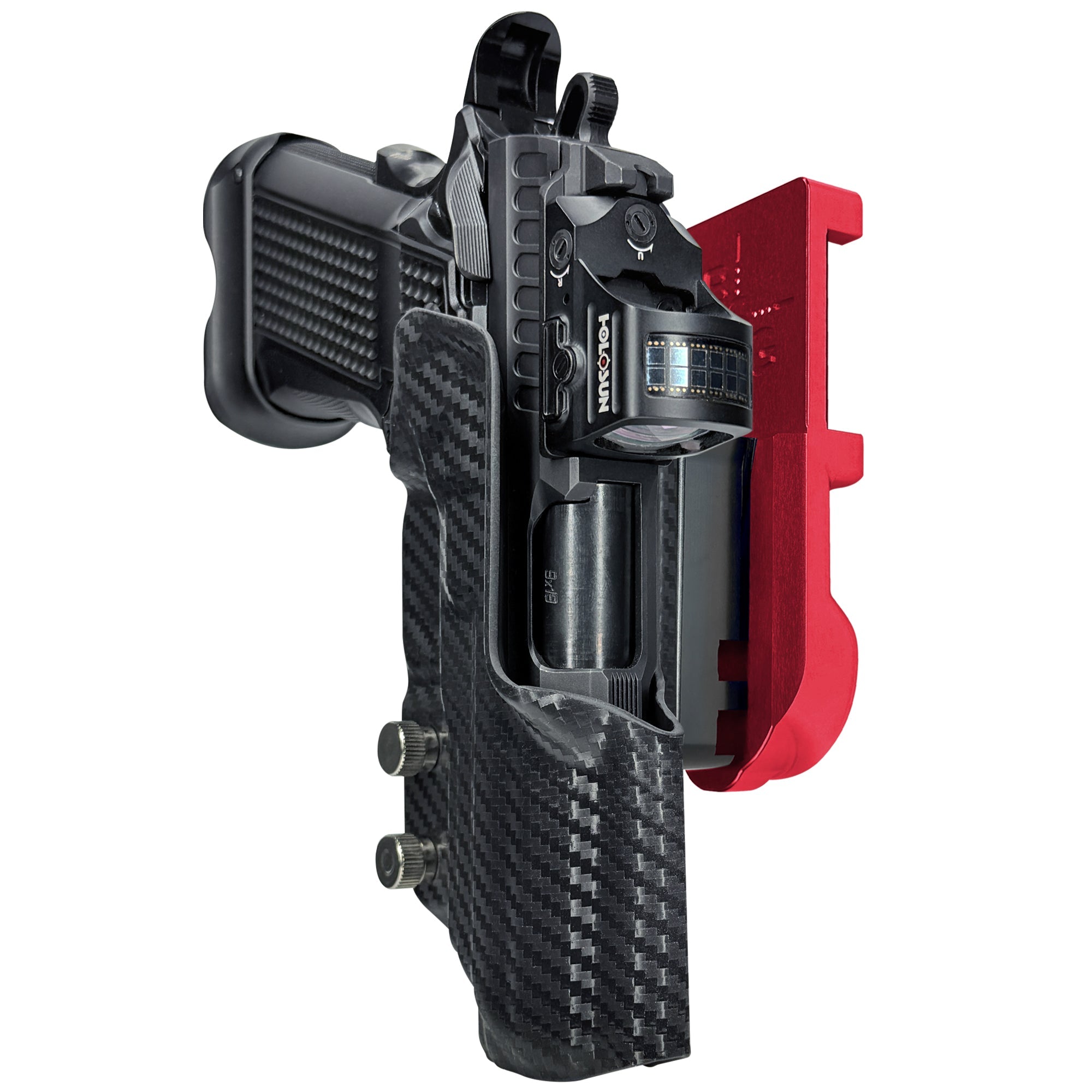 Fusion Firearms XP Pro IPSC/USPA Quick Mount Holster with Red Belt Attachment, Carbon Fiber Holster Shell