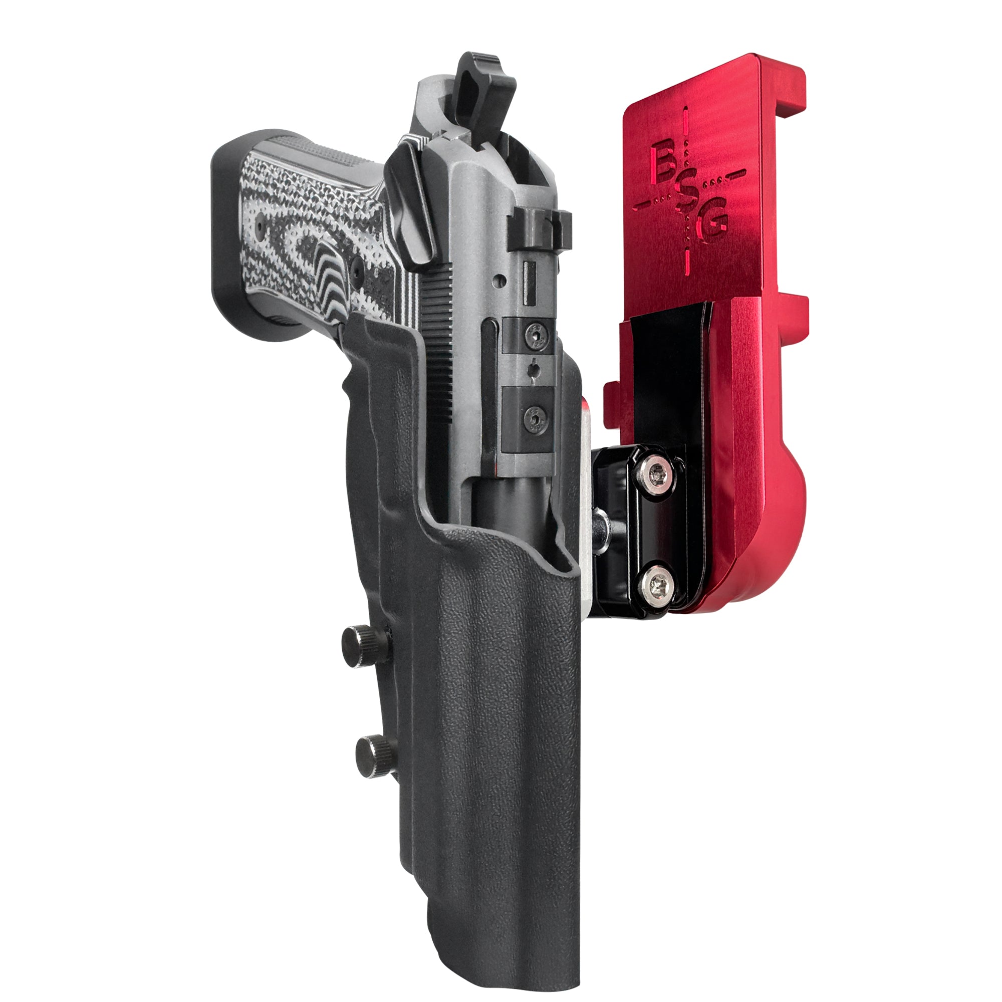 Beretta 92XI IPSC/USPA Quick Mount Ball Joint Holster with Red Belt Attachment, Black Holster Shell