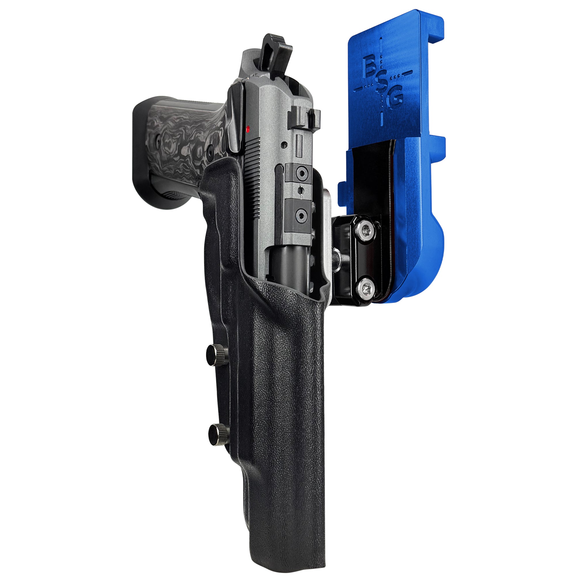 Beretta 92XI SAO Gara/Corsa IPSC/USPA Quick Mount Ball Joint Holster with Blue Belt Attachment, Black Holster Shell