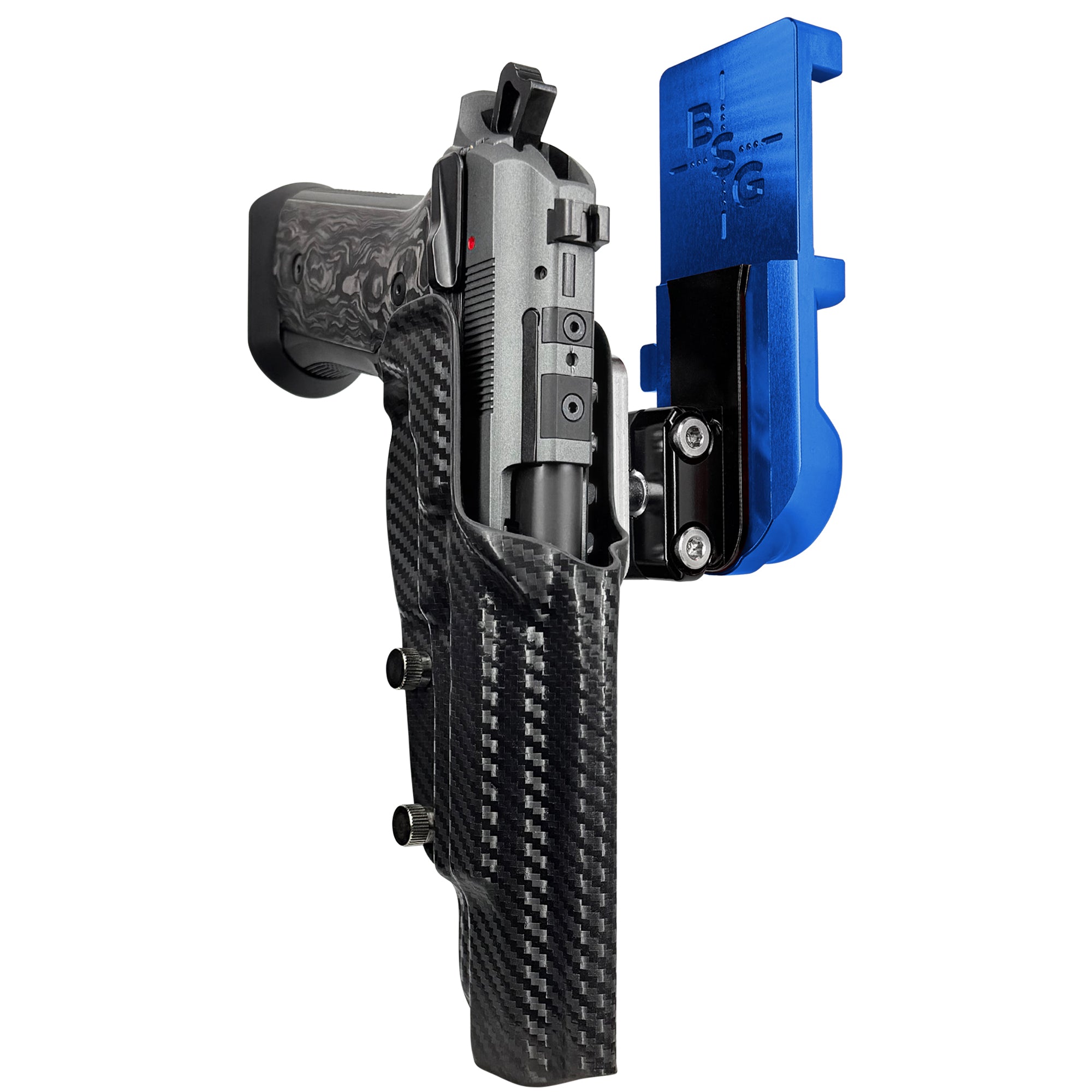 Beretta 92XI SAO Gara/Corsa IPSC/USPA Quick Mount Ball Joint Holster with Blue Belt Attachment, Carbon Fiber Holster Shell