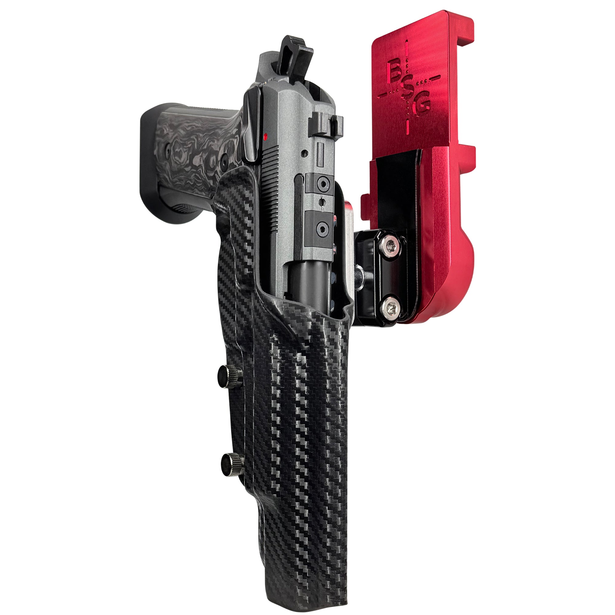 Beretta 92XI SAO Gara/Corsa IPSC/USPA Quick Mount Ball Joint Holster with Red Belt Attachment, Carbon Fiber Holster Shell