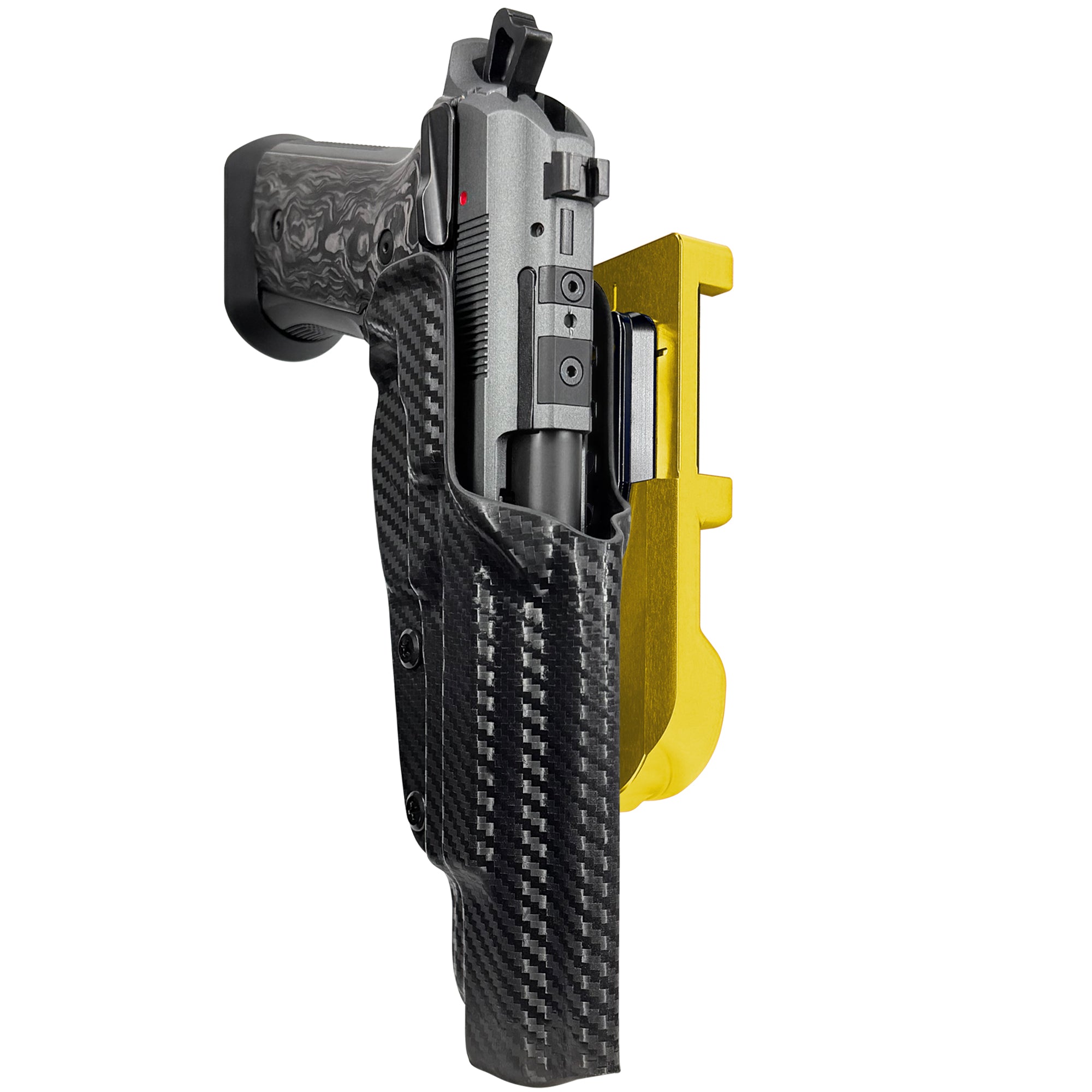 Beretta 92XI SAO Gara/Corsa IDPA Quick Mount Holster with 24K Gold Belt Attachment, Carbon Fiber Holster Shell