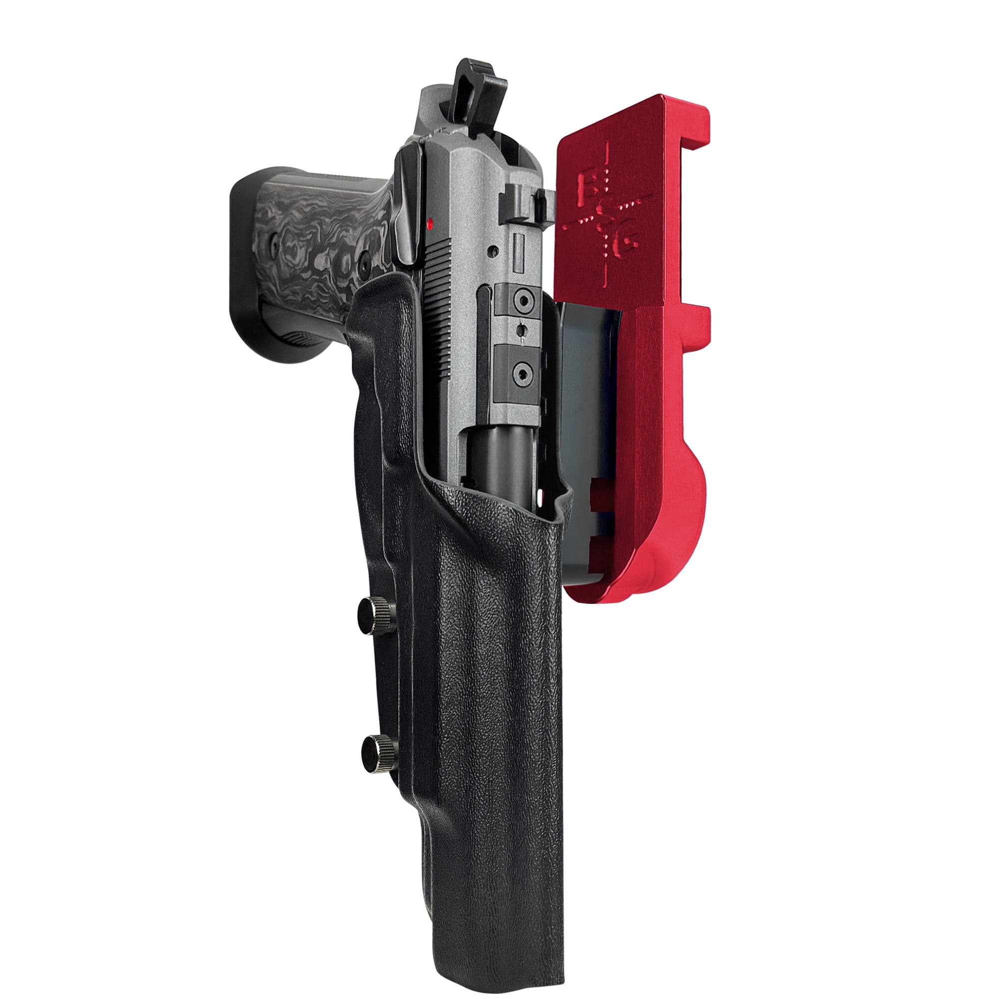 Beretta 92XI SAO Gara/Corsa IPSC/USPA Quick Mount Holster with Red Belt Attachment, Black Holster Shell