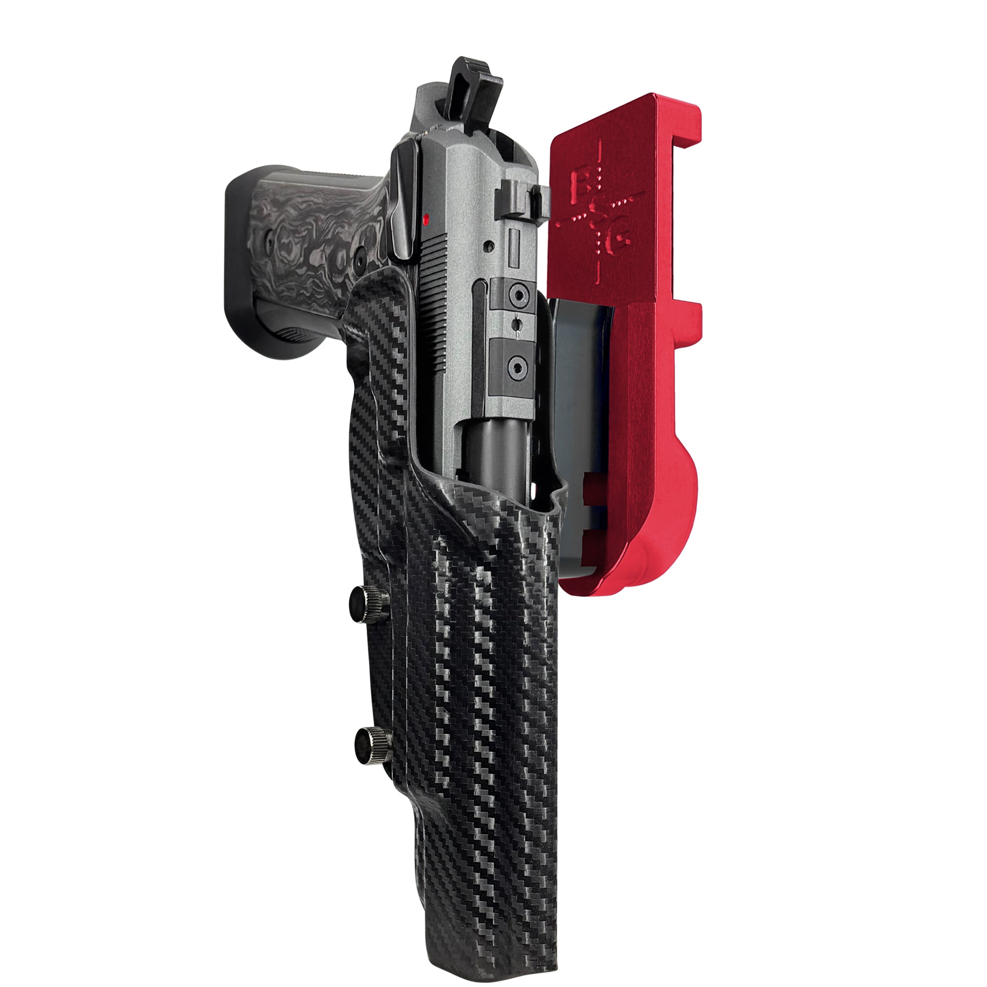 Beretta 92XI SAO Gara/Corsa IPSC/USPA Quick Mount Holster with Red Belt Attachment, Carbon Fiber Holster Shell