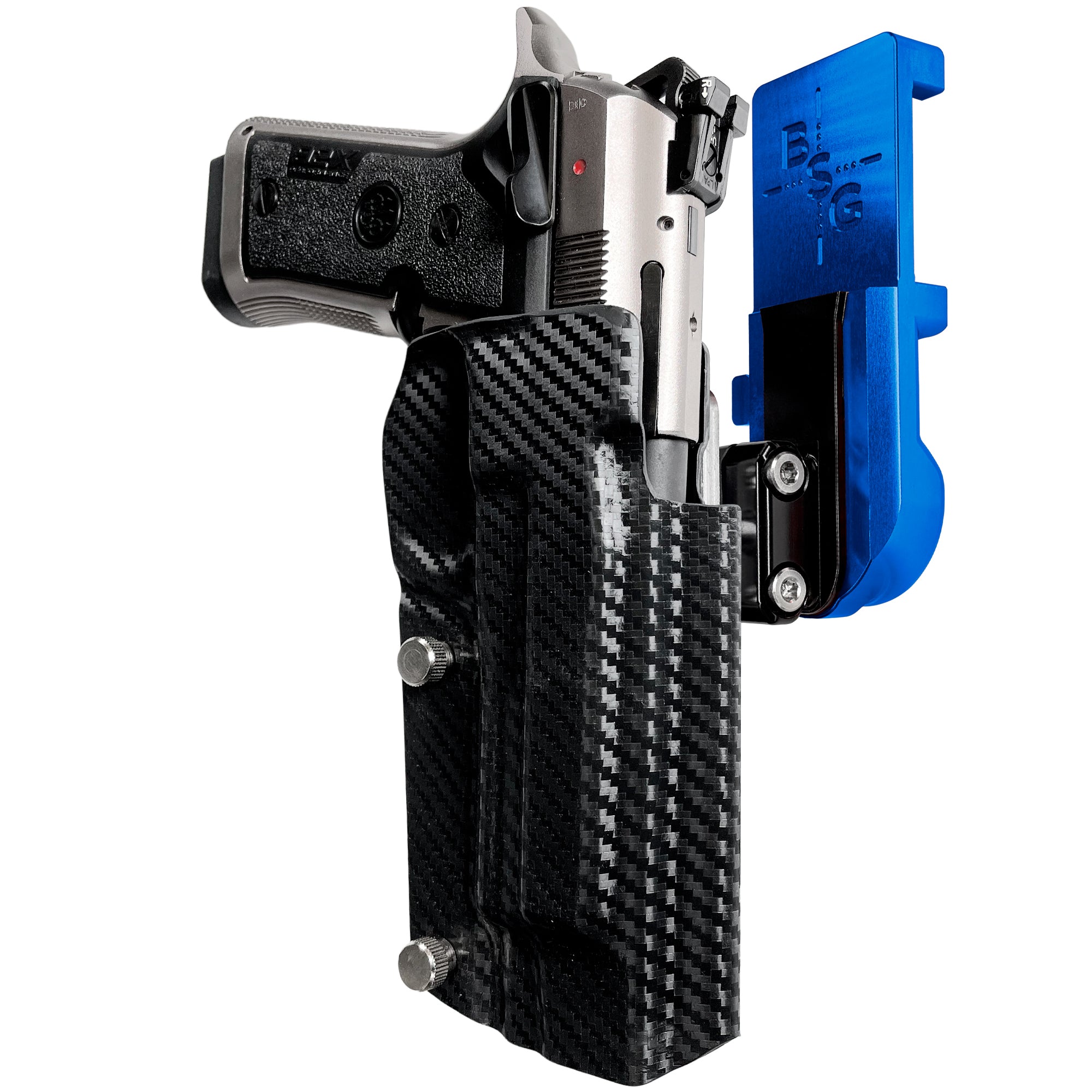Beretta 92X Perf IPSC/USPA Quick Mount Ball Joint Holster with Blue Belt Attachment, Carbon Fiber Holster Shell