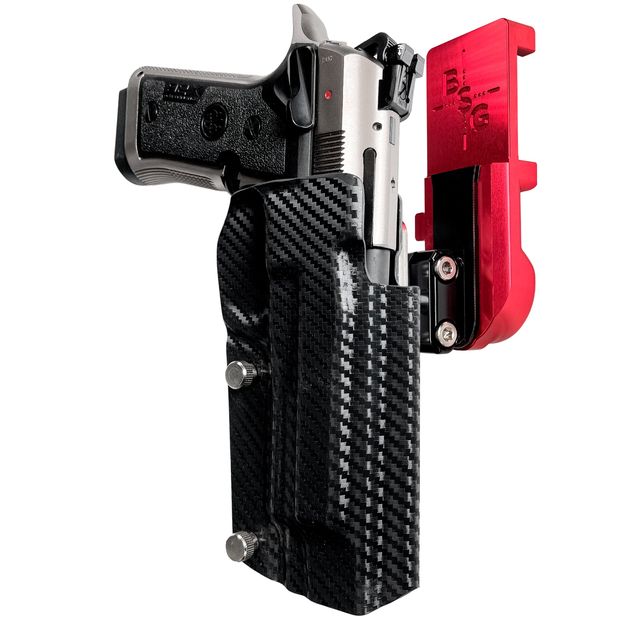 Beretta 92X Perf IPSC/USPA Quick Mount Ball Joint Holster with Red Belt Attachment, Carbon Fiber Holster Shell
