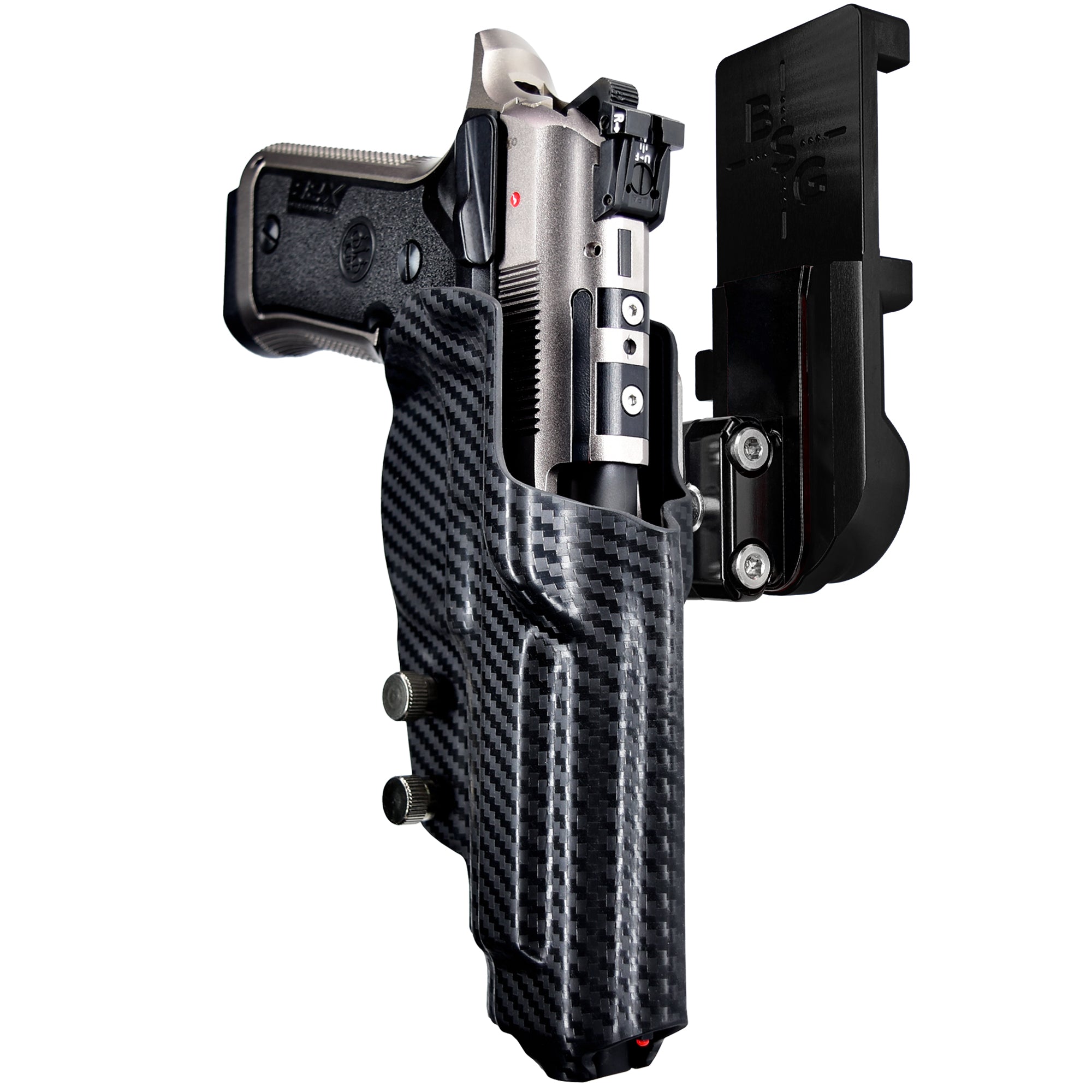 Beretta 92X Perf Def IPSC/USPA Quick Mount Ball Joint Holster with Black Belt Attachment, Carbon Fiber Holster Shell