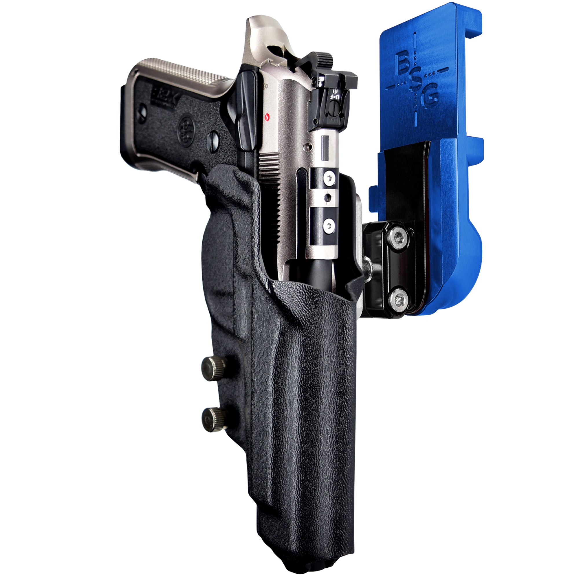 Beretta 92X Perf Def IPSC/USPA Quick Mount Ball Joint Holster with Blue Belt Attachment, Black Holster Shell