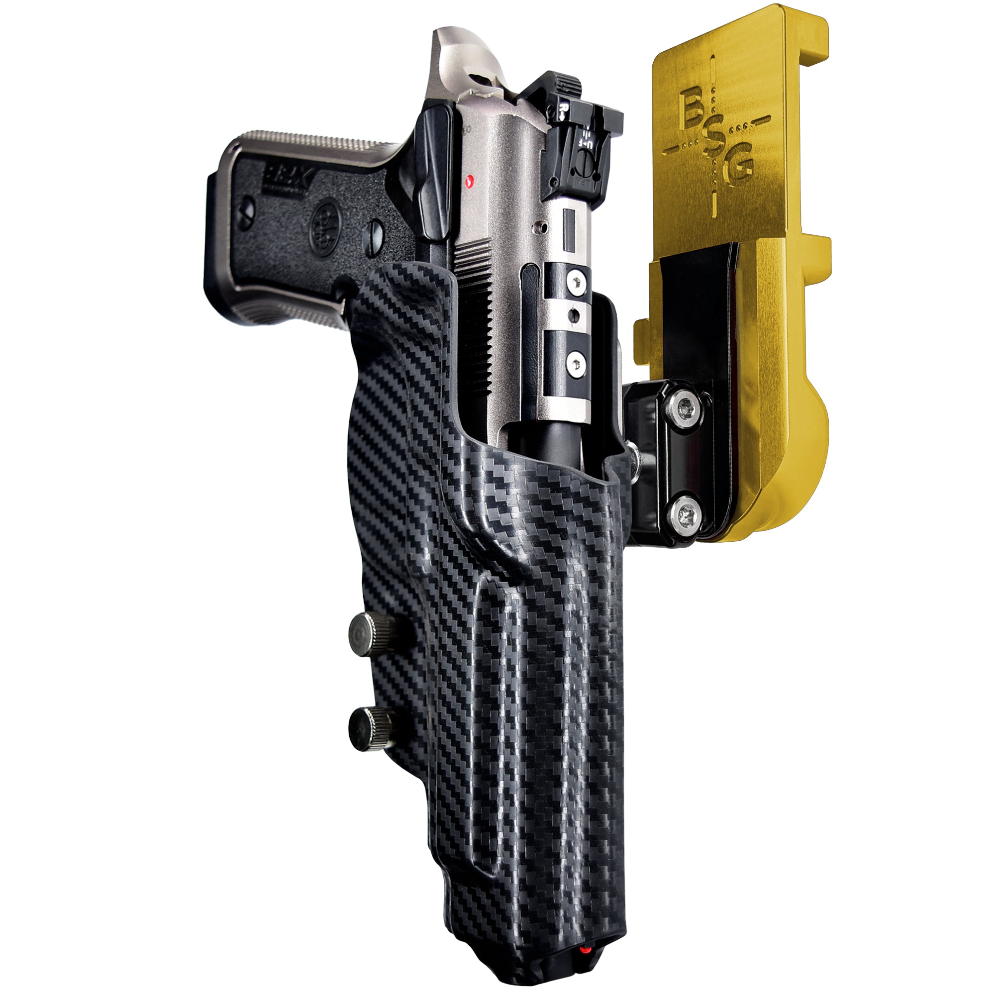 Beretta 92X Perf Def IPSC/USPA Quick Mount Ball Joint Holster with 24K Gold Belt Attachment, Carbon Fiber Holster Shell