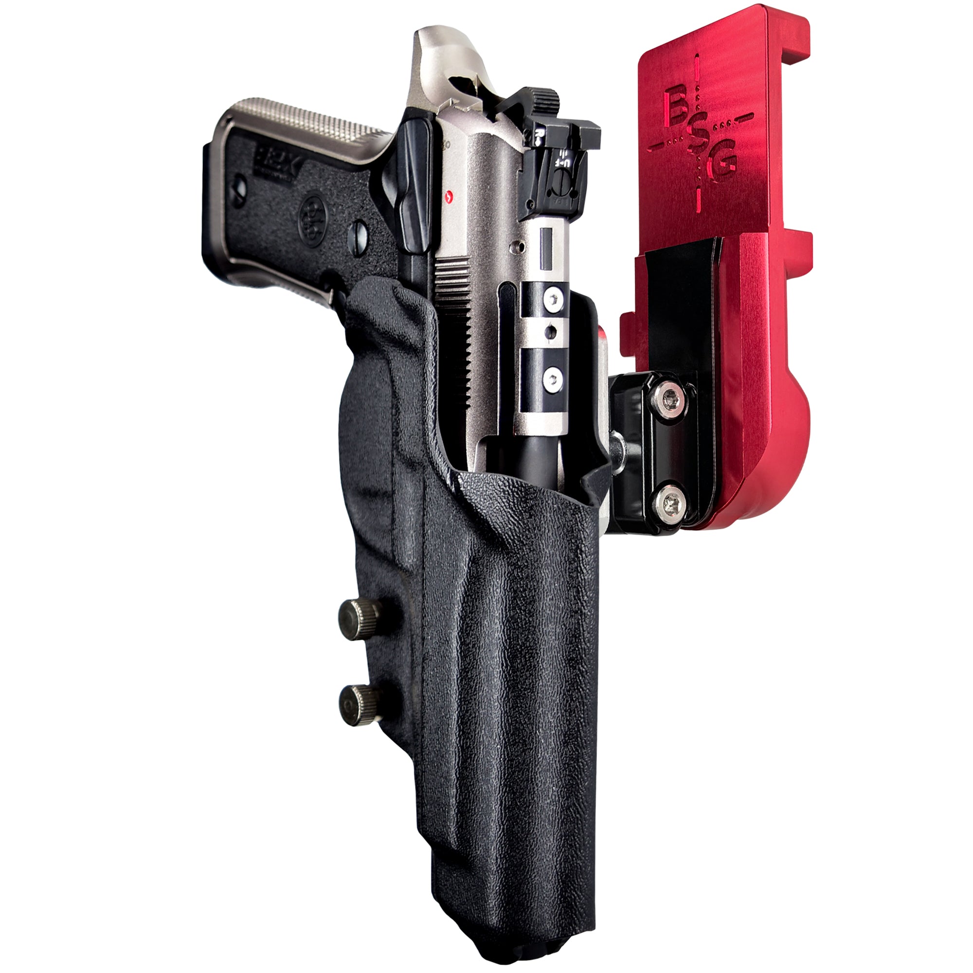 Beretta 92X Perf Def IPSC/USPA Quick Mount Ball Joint Holster with Red Belt Attachment, Black Holster Shell