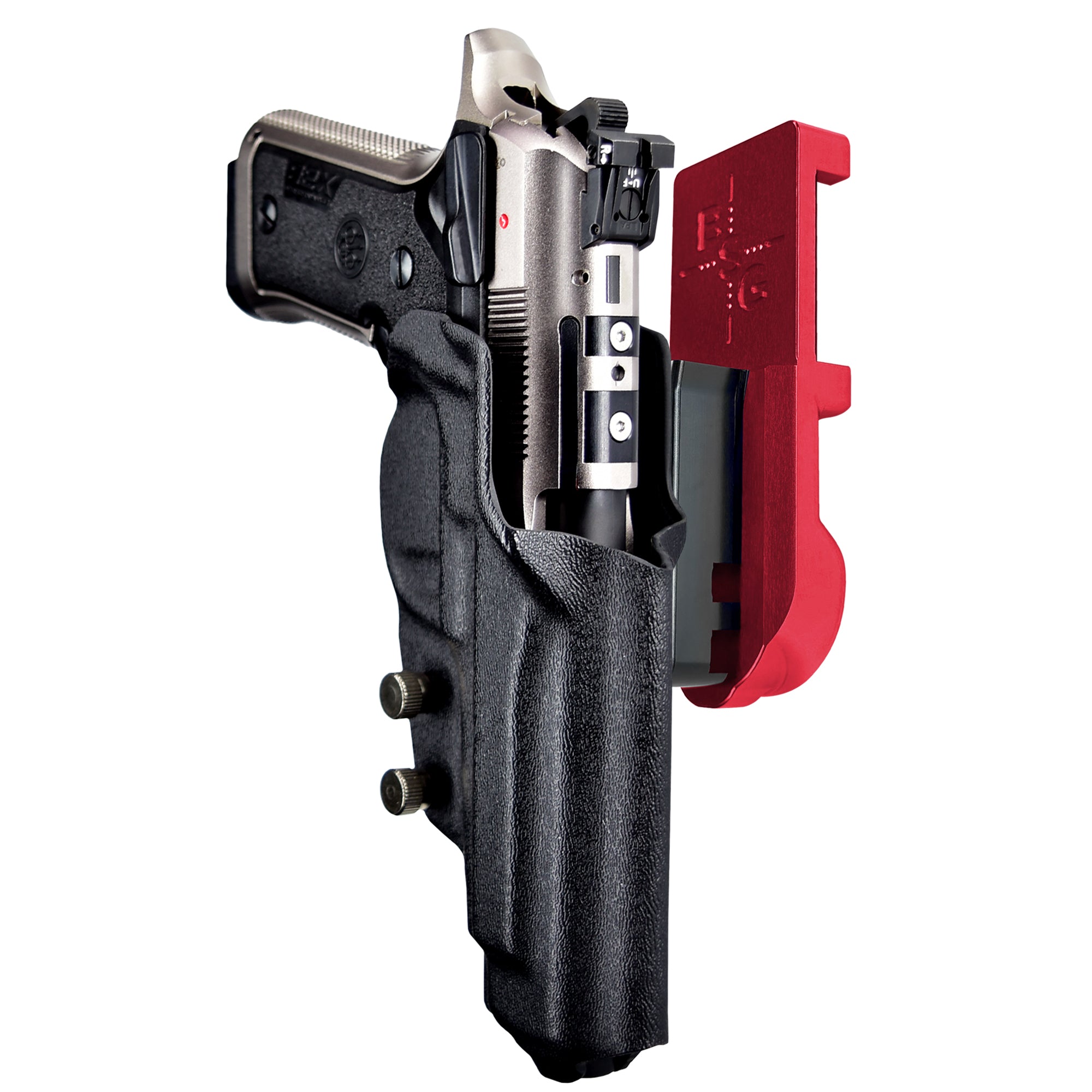 Beretta 92X Perf Def IPSC/USPA Quick Mount Holster with Red Belt Attachment, Black Holster Shell