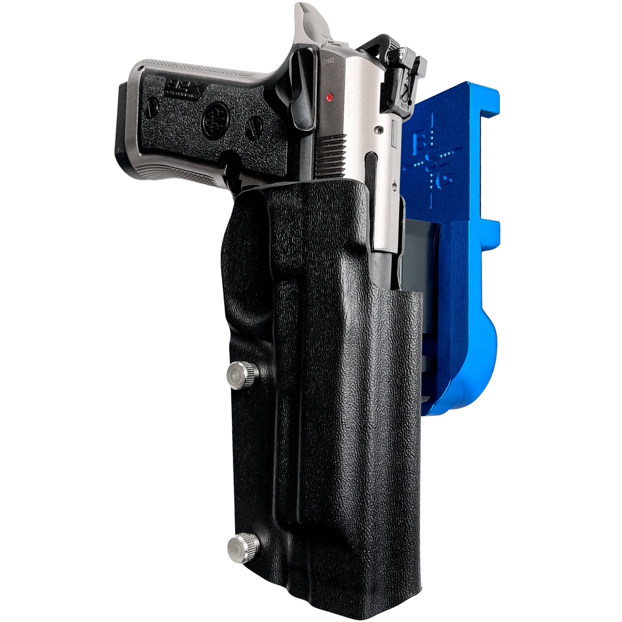 Beretta 92X Perf IPSC/USPA Quick Mount Holster with Blue Belt Attachment, Black Holster Shell