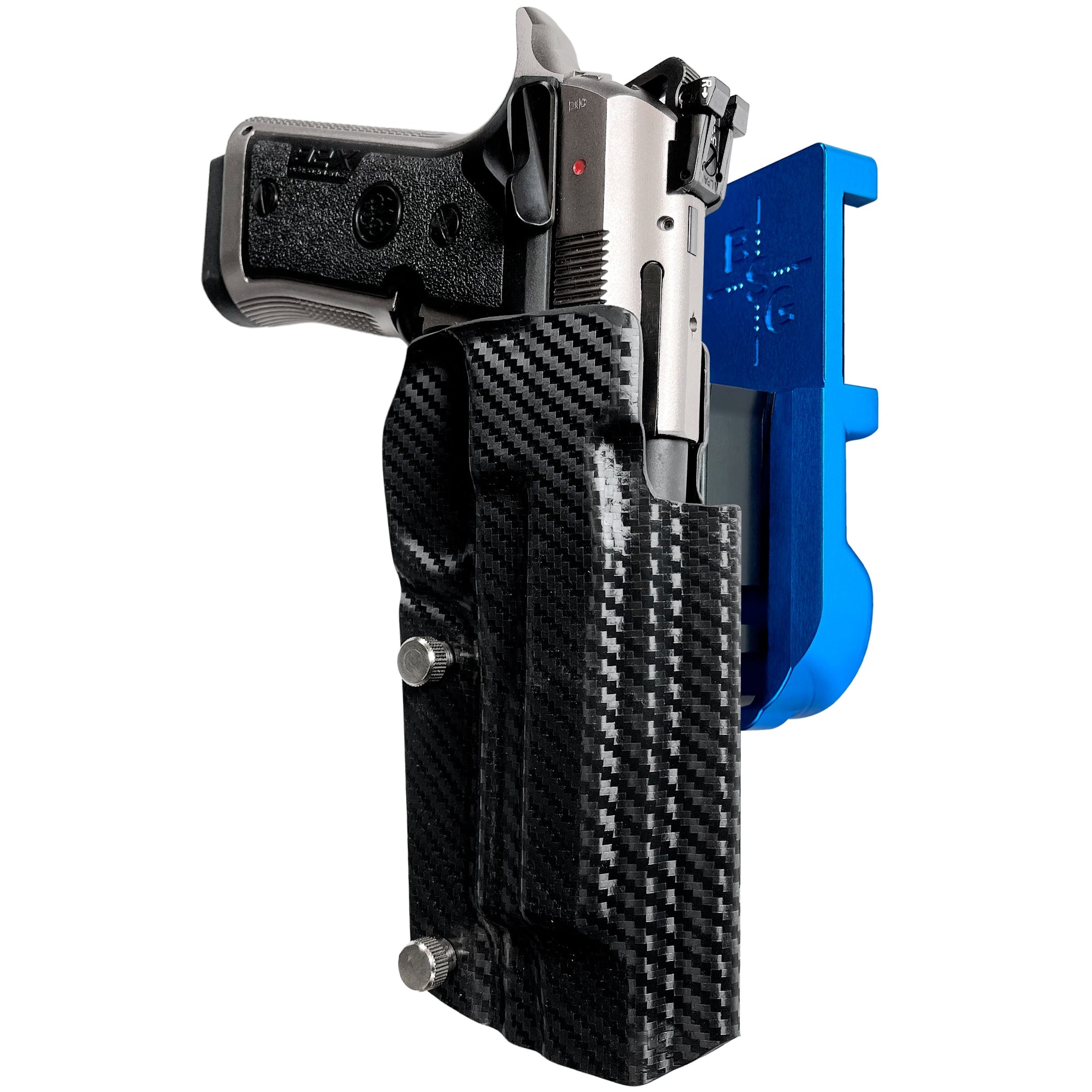 Beretta 92X Perf IPSC/USPA Quick Mount Holster with Blue Belt Attachment, Carbon Fiber Holster Shell