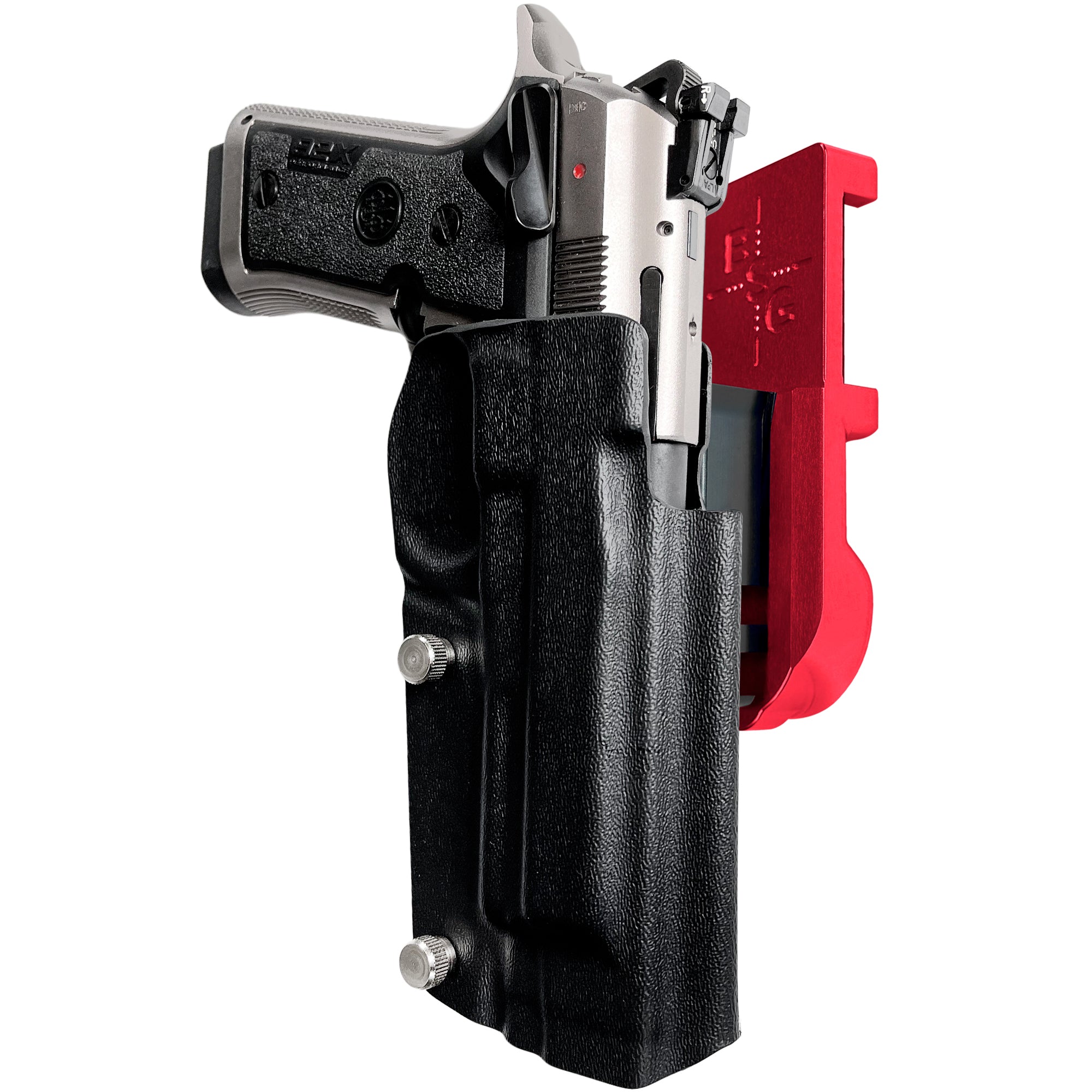 Beretta 92X Perf IPSC/USPA Quick Mount Holster with Red Belt Attachment, Black Holster Shell