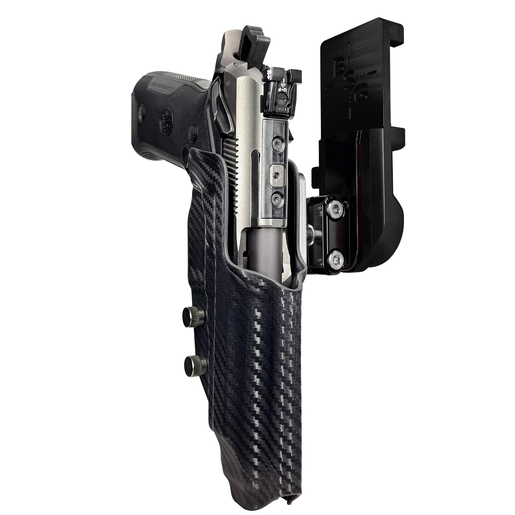 Beretta 94X Performance IPSC/USPA Quick Mount Ball Joint Holster with Black Belt Attachment, Carbon Fiber Holster Shell