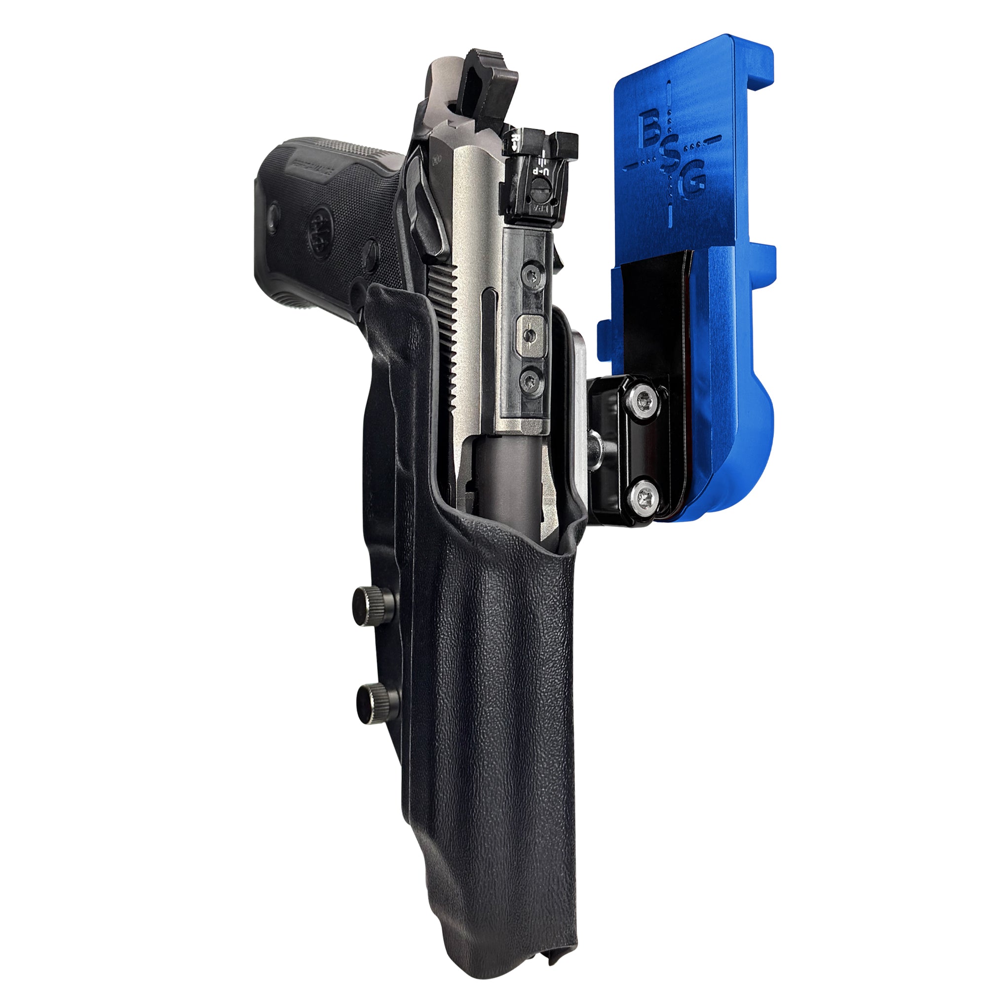 Beretta 94X Performance IPSC/USPA Quick Mount Ball Joint Holster with Blue Belt Attachment, Black Holster Shell