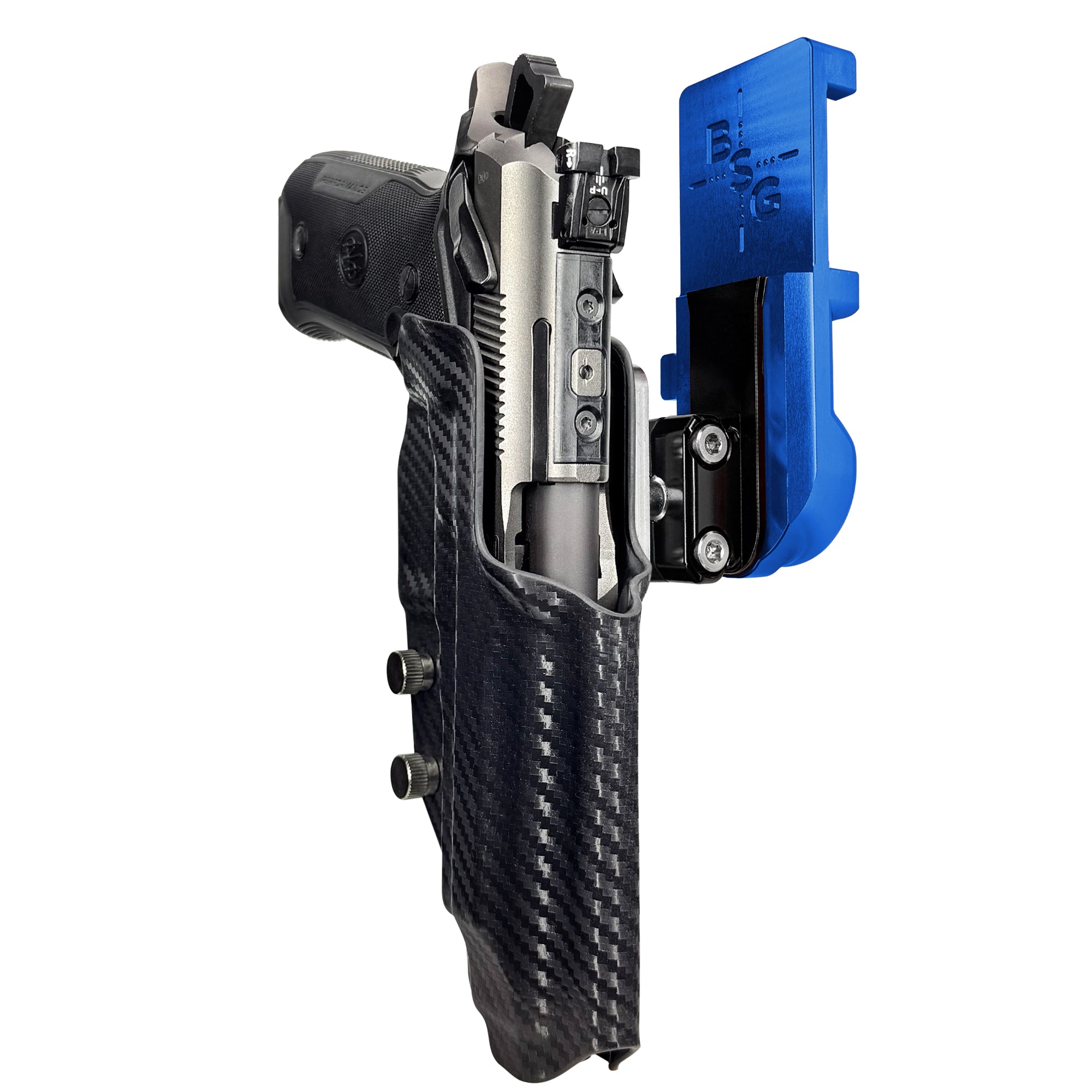 Beretta 94X Performance IPSC/USPA Quick Mount Ball Joint Holster with Blue Belt Attachment, Carbon Fiber Holster Shell