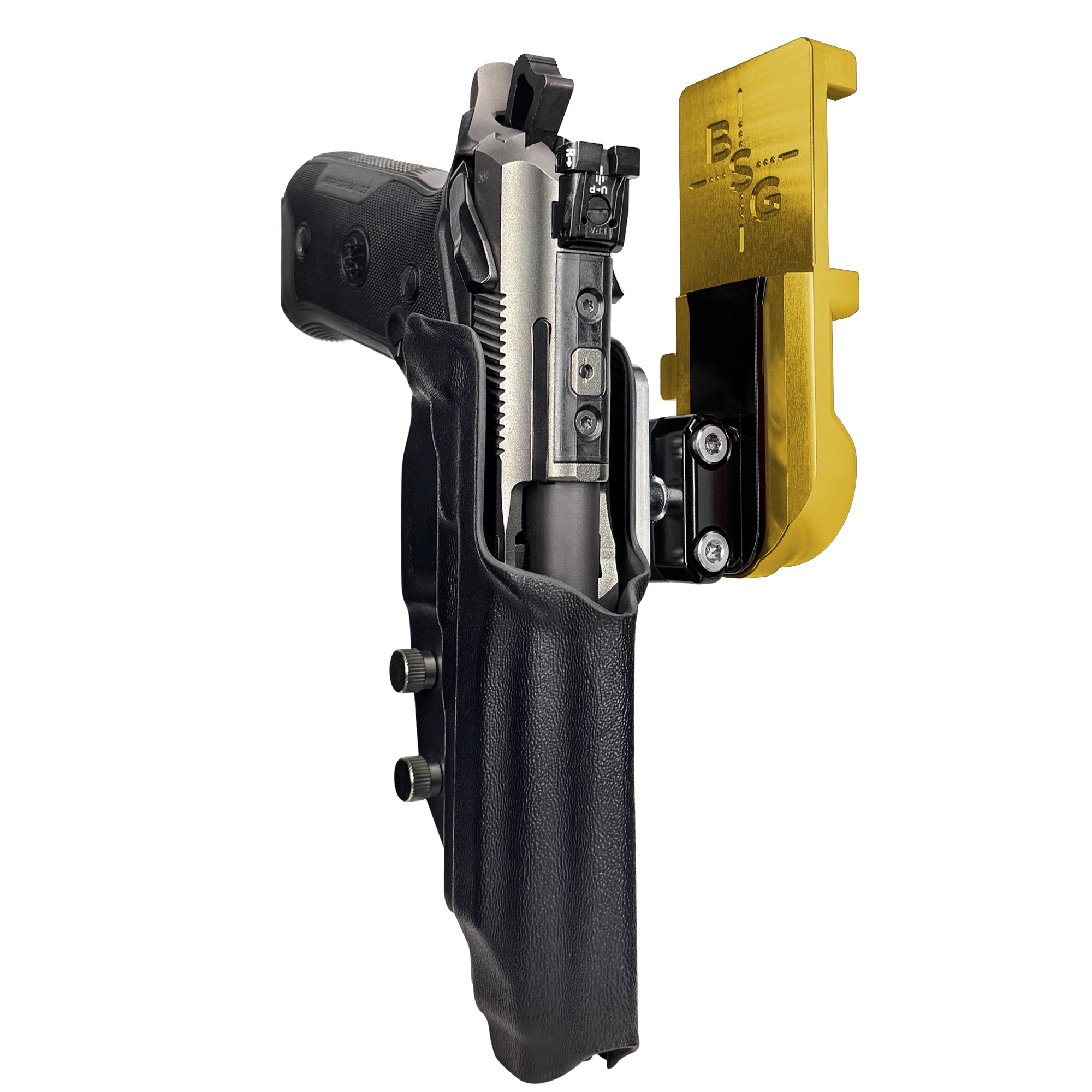 Beretta 94X Performance IPSC/USPA Quick Mount Ball Joint Holster with 24K Gold Belt Attachment, Black Holster Shell