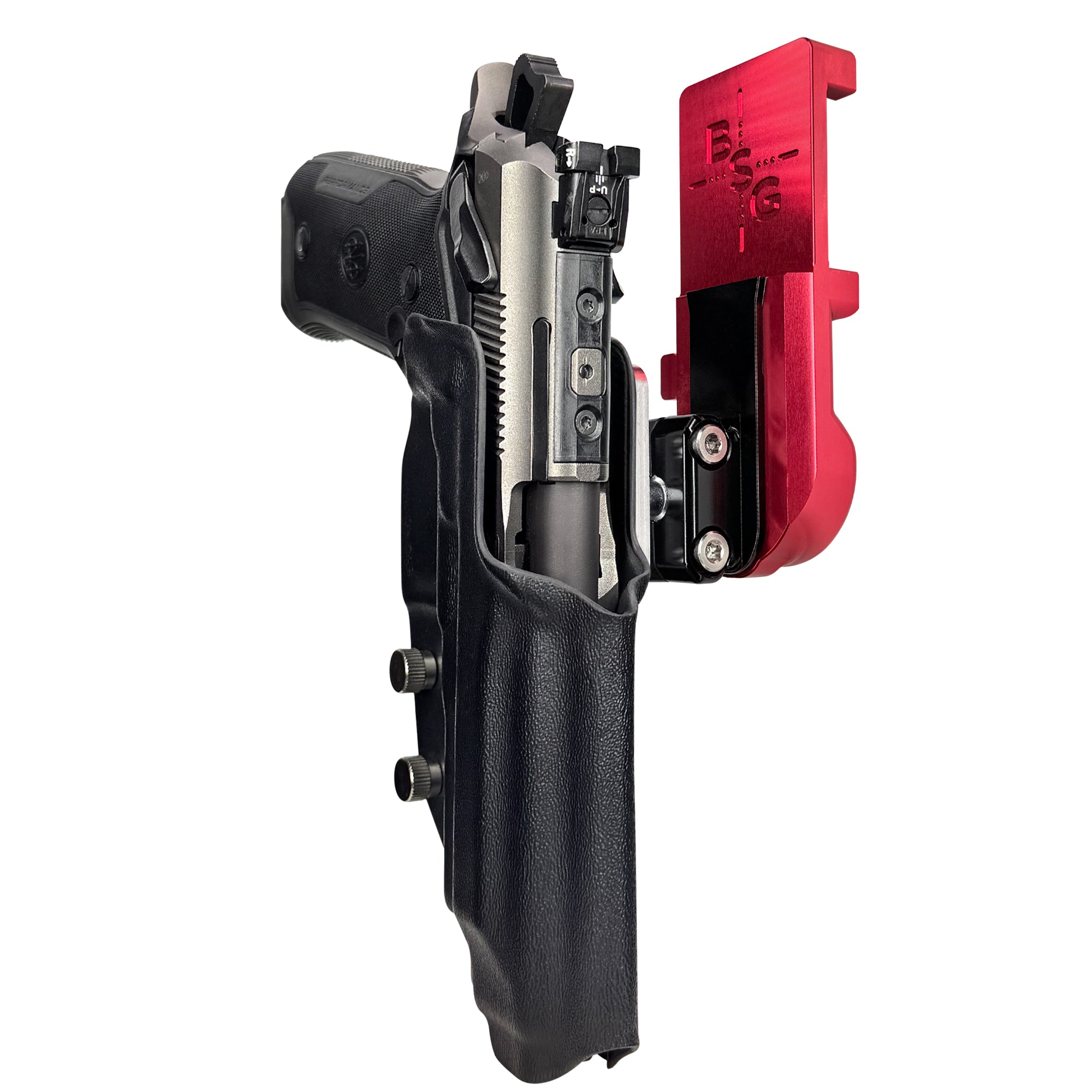Beretta 94X Performance IPSC/USPA Quick Mount Ball Joint Holster with Red Belt Attachment, Black Holster Shell
