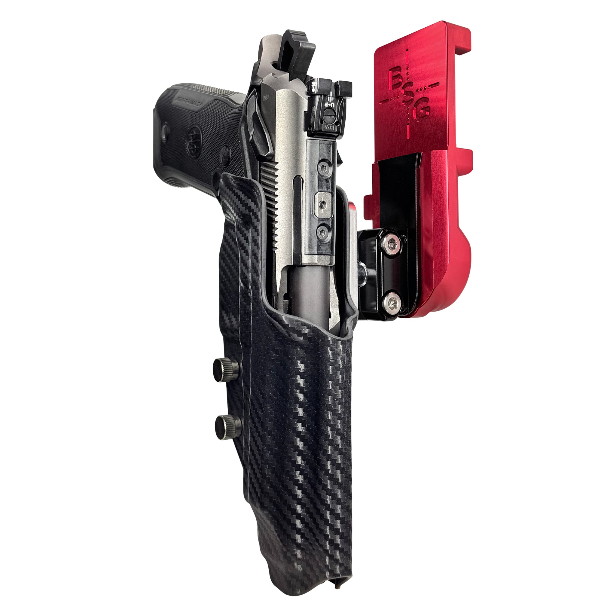 Beretta 94X Performance IPSC/USPA Quick Mount Ball Joint Holster with Red Belt Attachment, Carbon Fiber Holster Shell