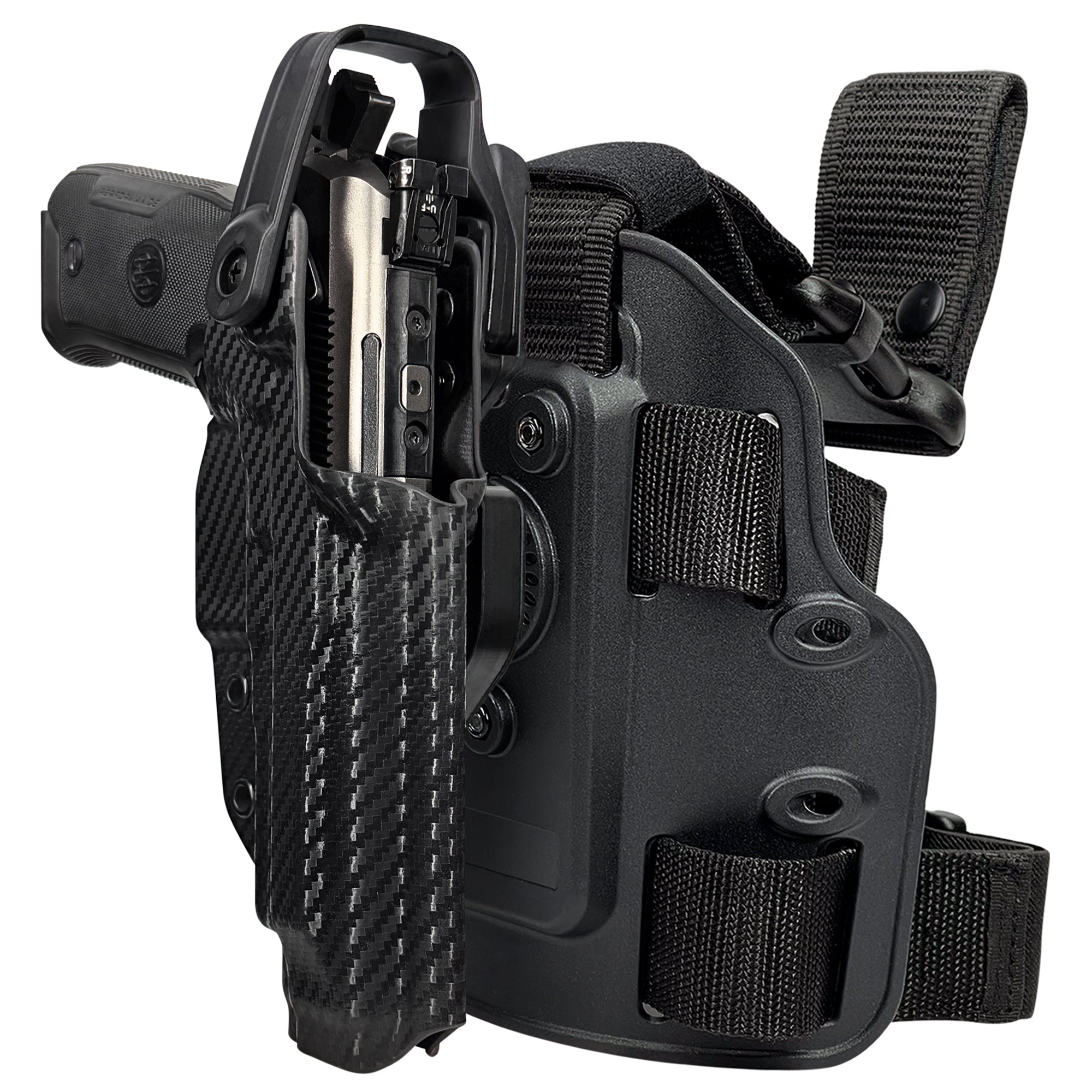 Level II Duty Drop Leg Holster for Beretta 94X Performance in Carbon Fiber
