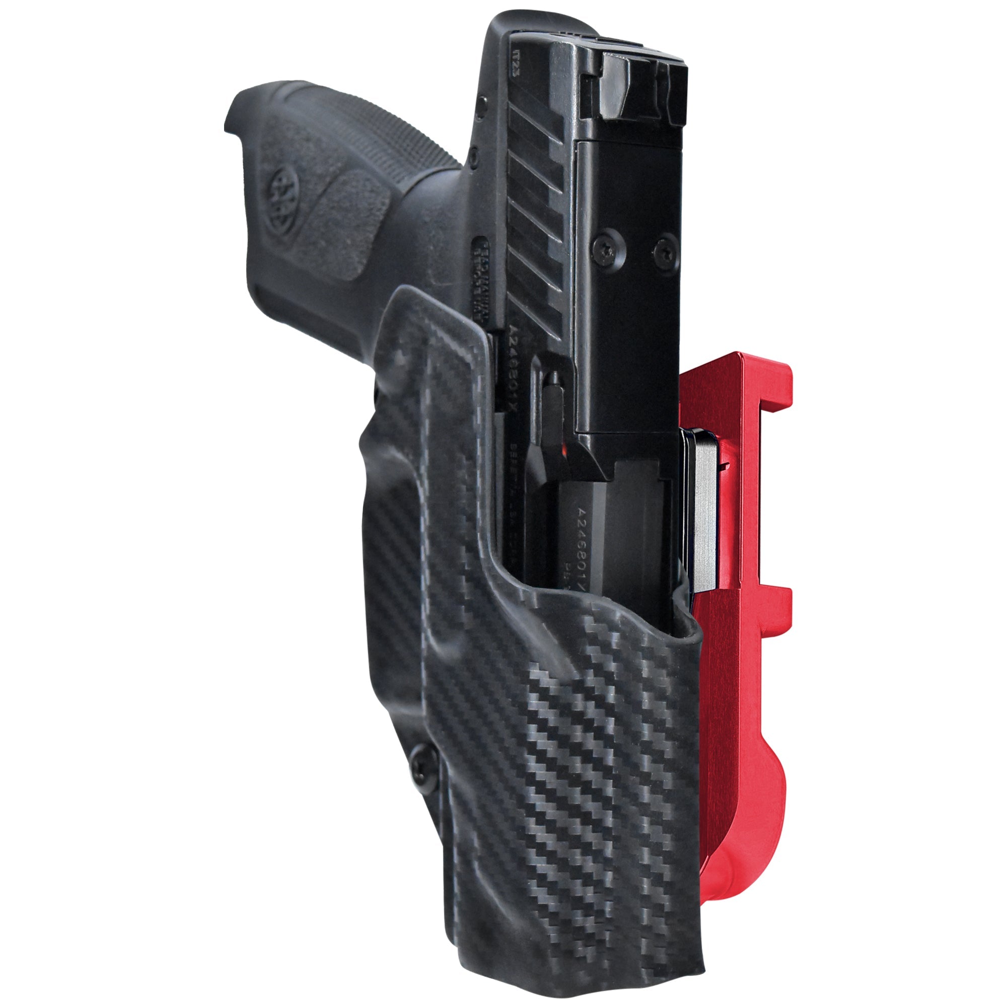 Beretta APX A1 Compact IDPA Quick Mount Holster with Red Belt Attachment, Carbon Fiber Holster Shell