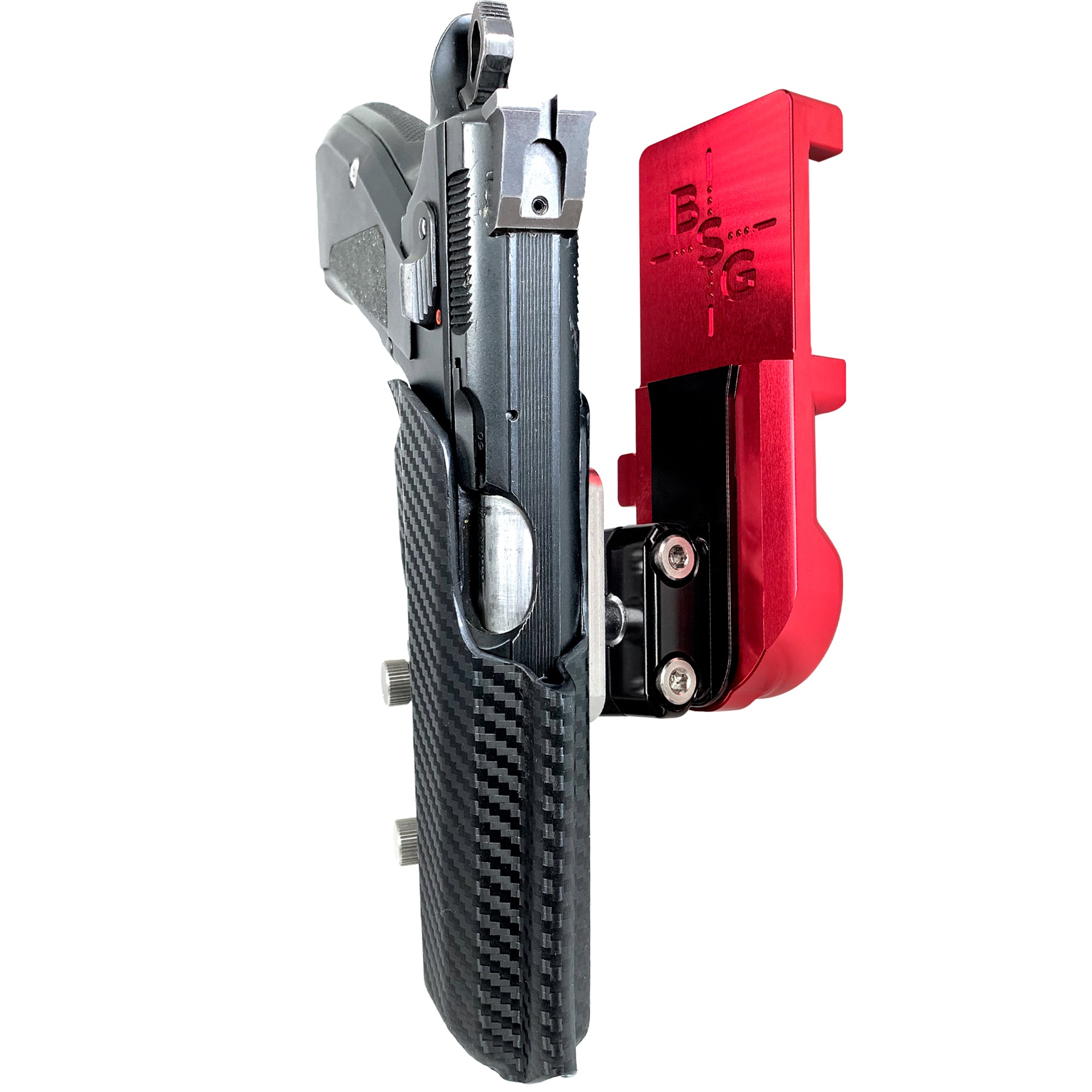 CZ 75 SP-01 IPSC/USPA Quick Mount Ball Joint Holster with Red Belt Attachment, Carbon Fiber Holster Shell