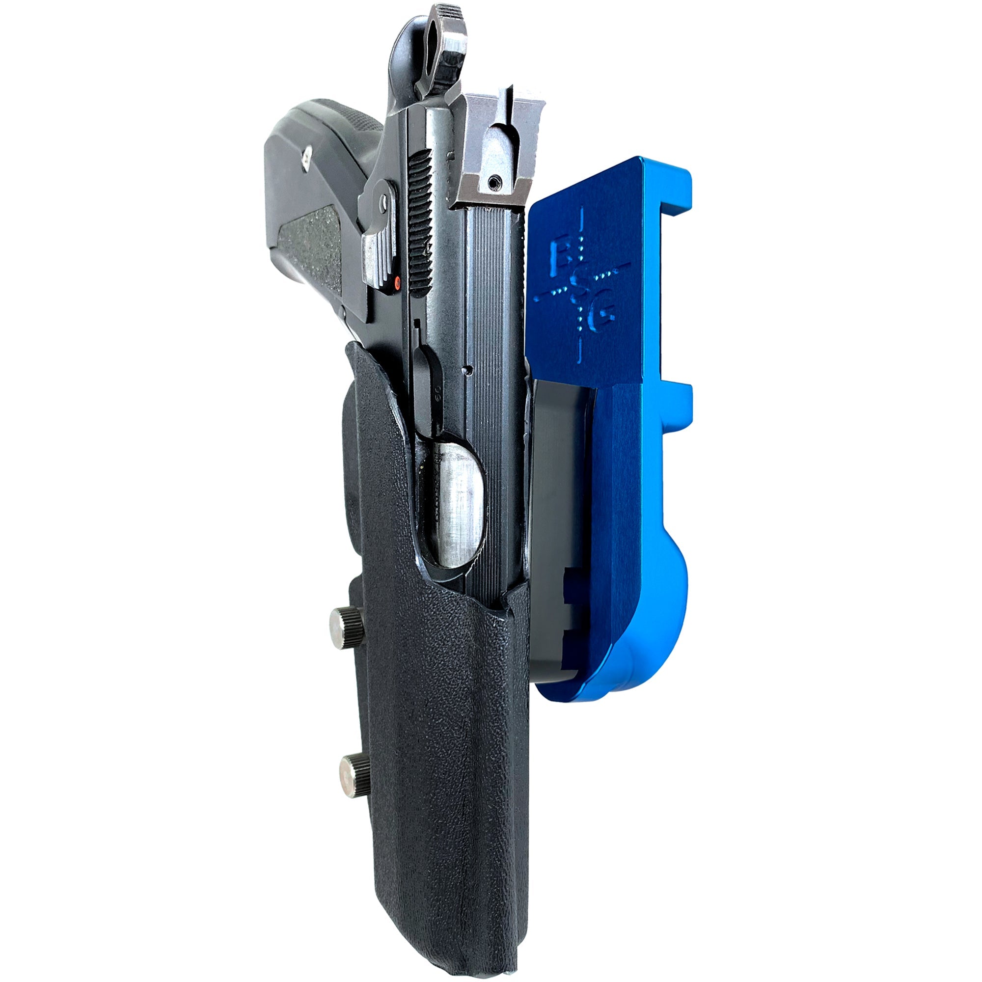 CZ 75 SP-01 IPSC/USPA Quick Mount Holster with Blue Belt Attachment, Black Holster Shell