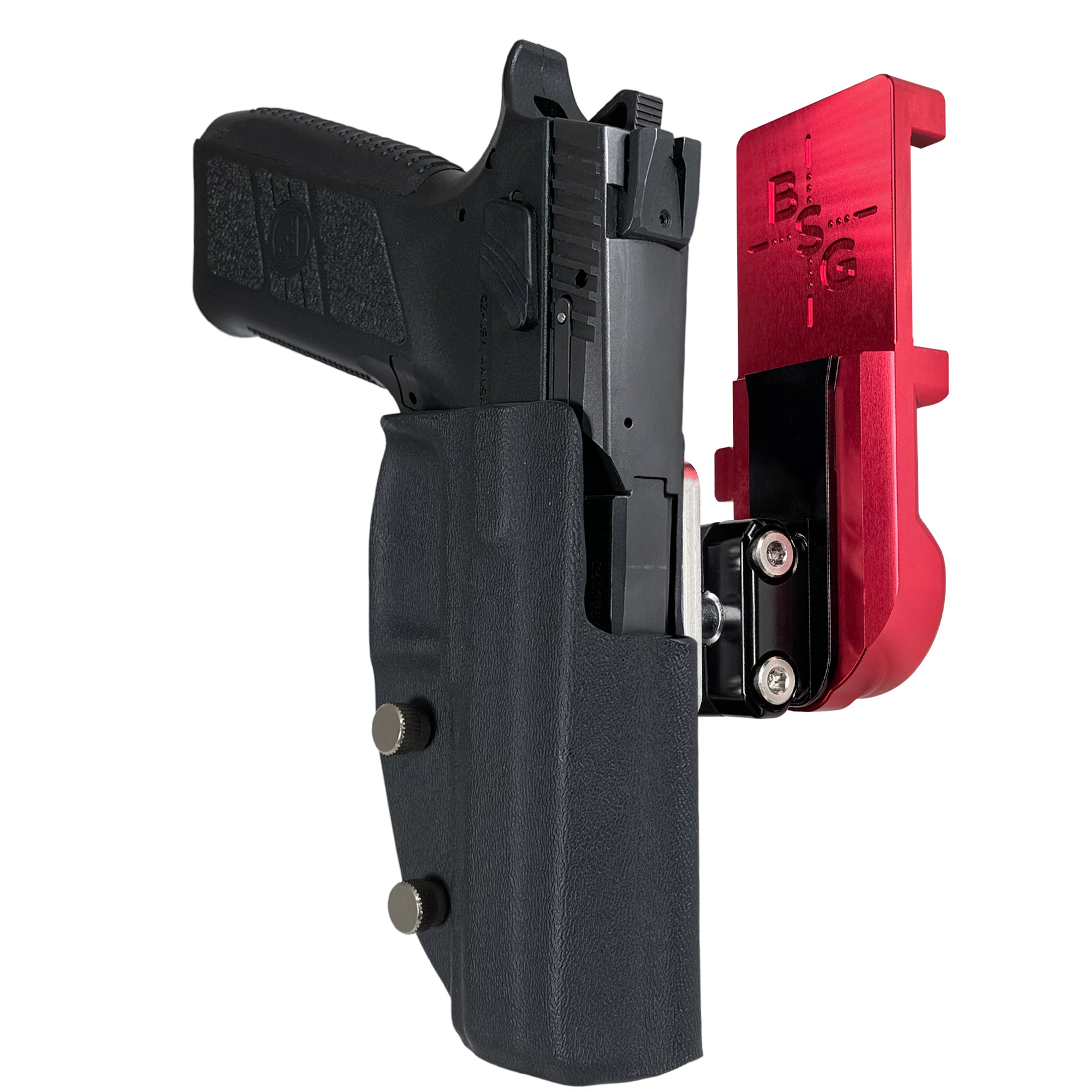 CZ P-09 IPSC/USPA Quick Mount Ball Joint Holster with Red Belt Attachment, Black Holster Shell