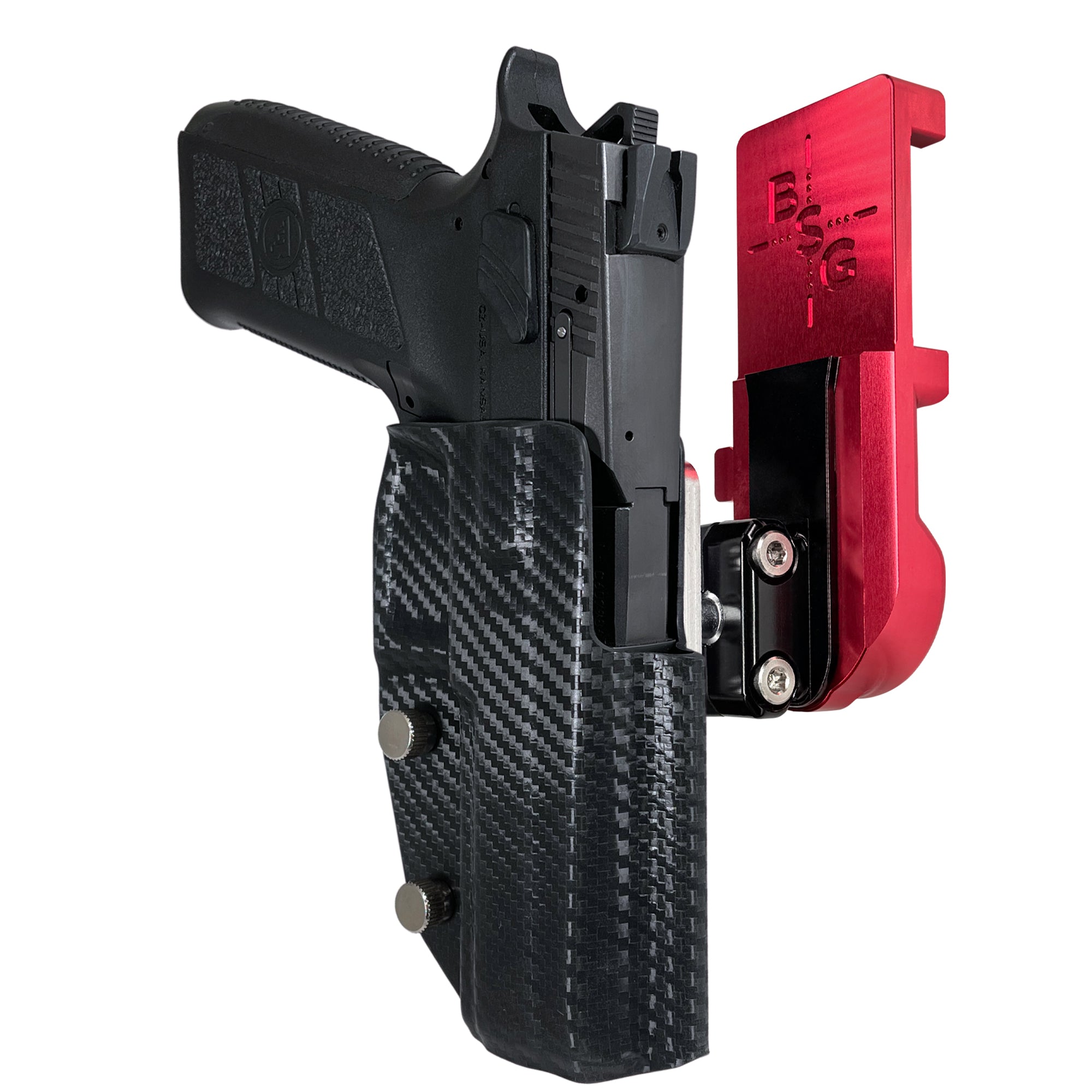 CZ P-09 IPSC/USPA Quick Mount Ball Joint Holster with Red Belt Attachment, Carbon Fiber Holster Shell