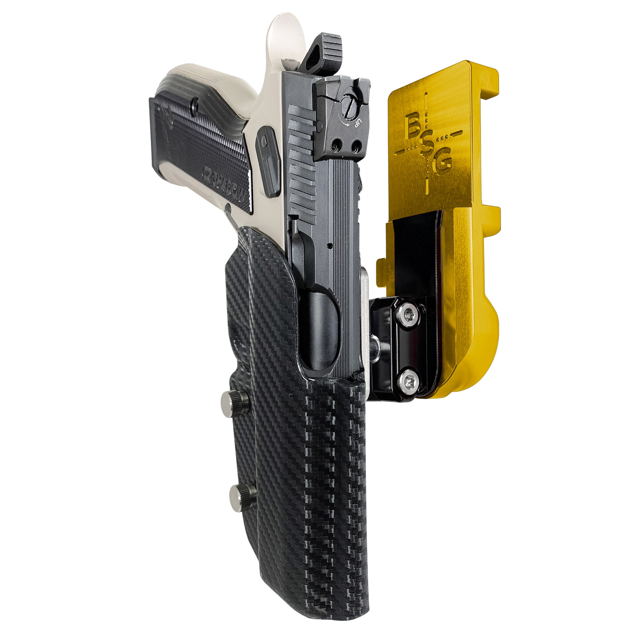 CZ S2 Nitro Fin IPSC/USPA Quick Mount Ball Joint Holster with 24K Gold Belt Attachment, Carbon Fiber Holster Shell